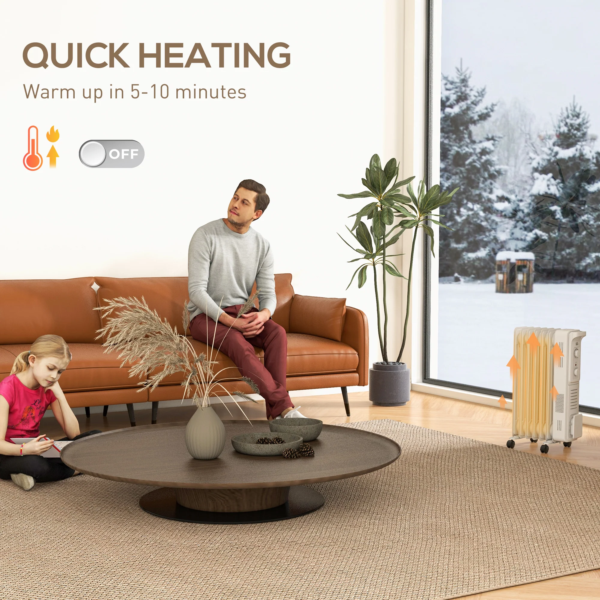 7 Fin Portable Oil Filled Radiator, Electric Heater With Safety Cut Off, White - Image 4