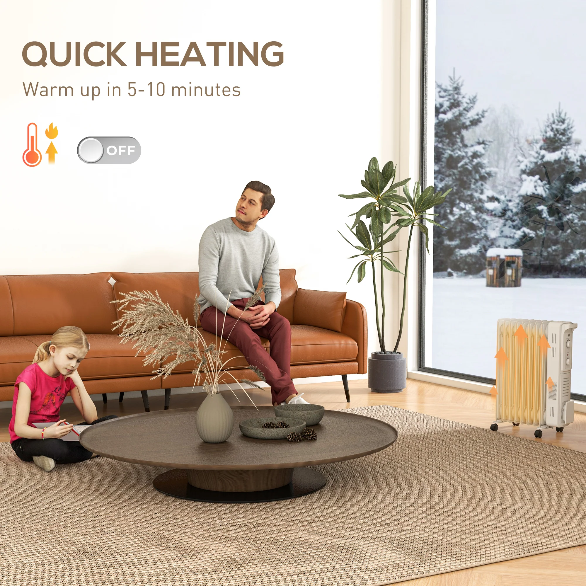 9 Fin Portable Oil Filled Radiator, Electric Heater With Safety Cut Off, White - Image 4