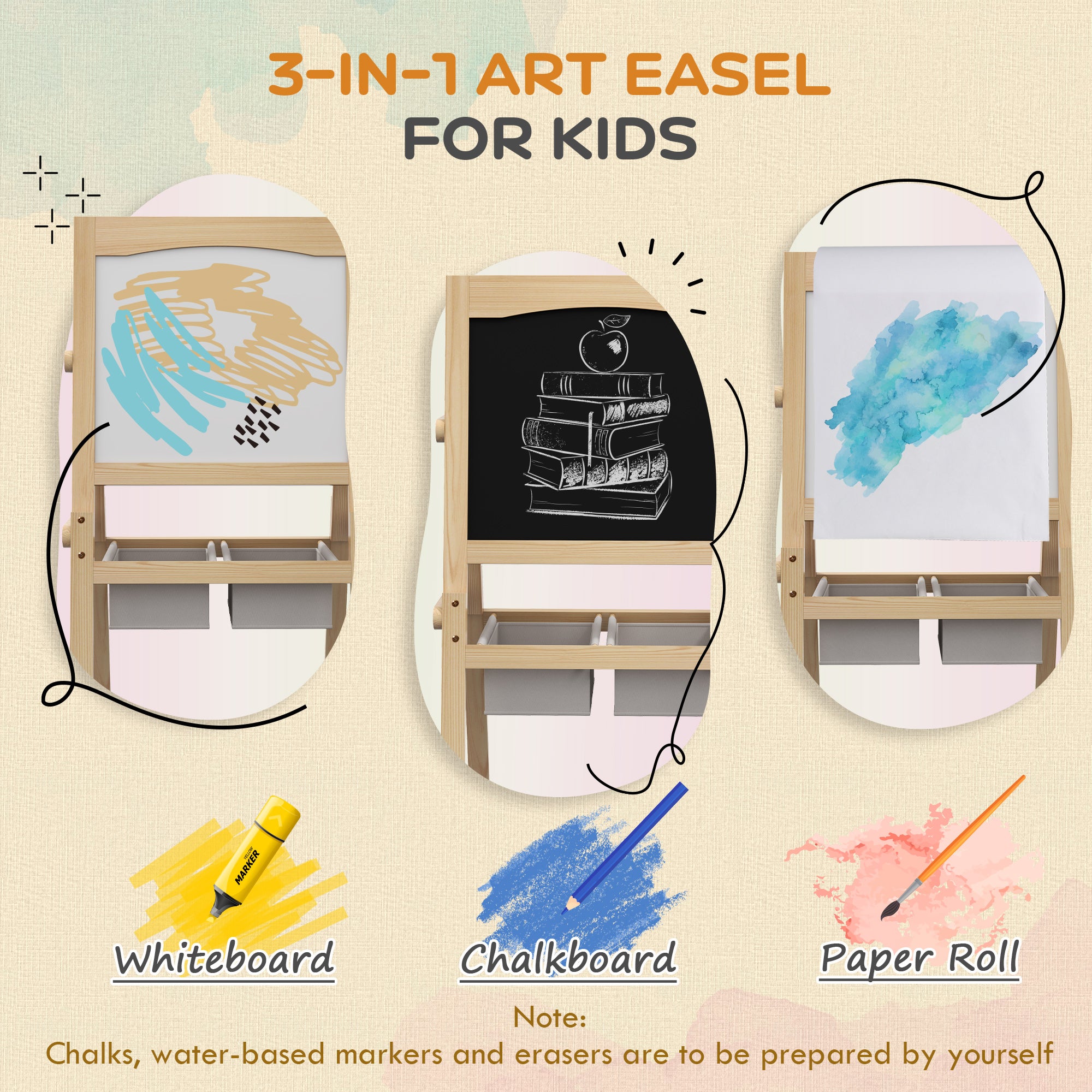 AIYAPLAY 3 In 1 Kids Easel With Paper Roll, Storage Baskets - Natural - Image 3