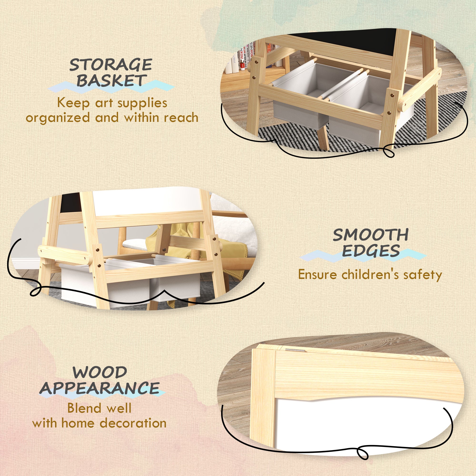 AIYAPLAY 3 In 1 Kids Easel With Paper Roll, Storage Baskets - Natural - Image 4