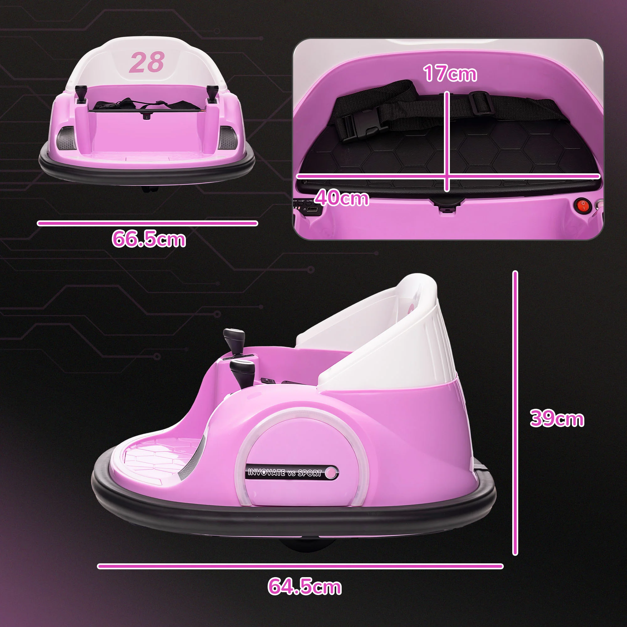 AIYAPLAY 360° Rotation 12V Pink Kids Bumper Car W/ Remote Control - Image 5