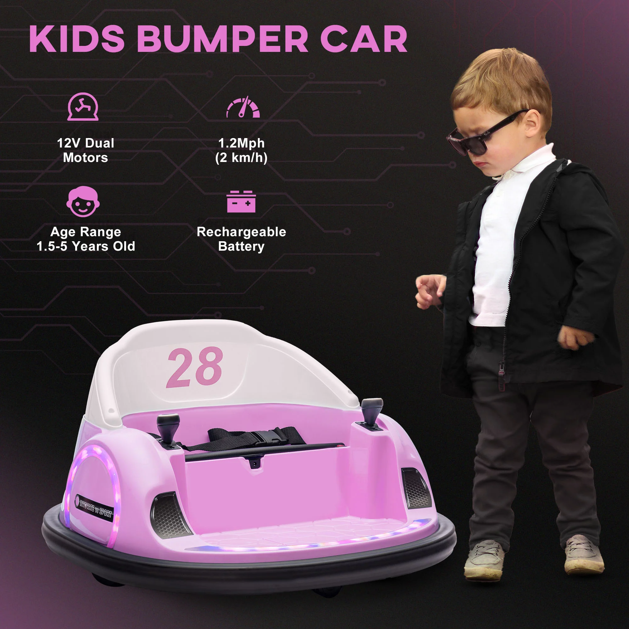 AIYAPLAY 360° Rotation 12V Pink Kids Bumper Car W/ Remote Control - Image 8