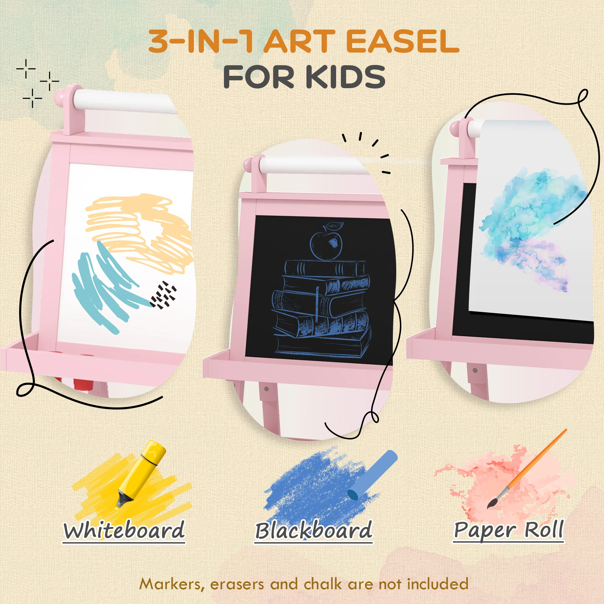 AIYAPLAY Double-Sided Art Easel For Kids W/ Paper Roll, Storage Baskets Pink - Image 3