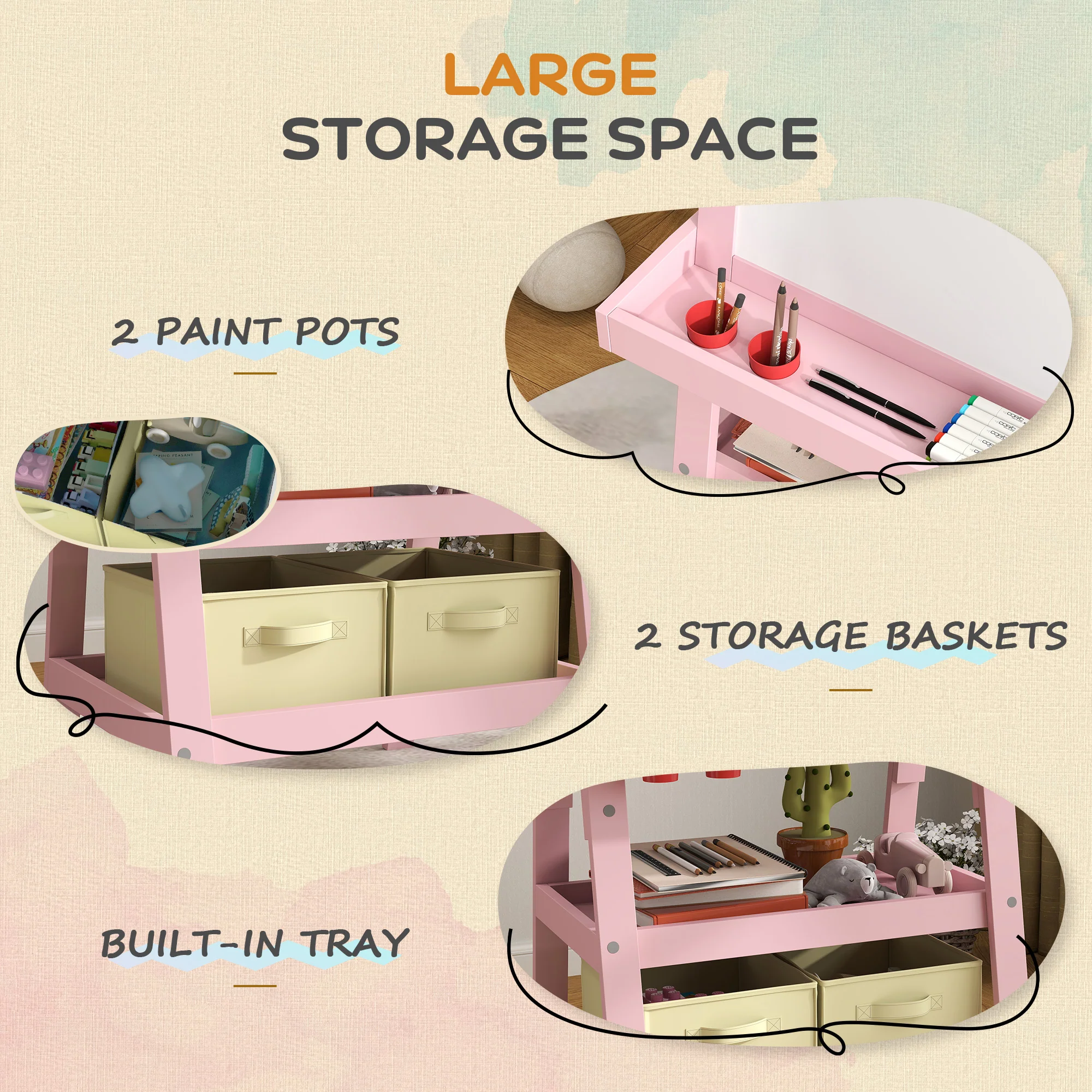AIYAPLAY Double-Sided Art Easel For Kids W/ Paper Roll, Storage Baskets Pink - Image 4