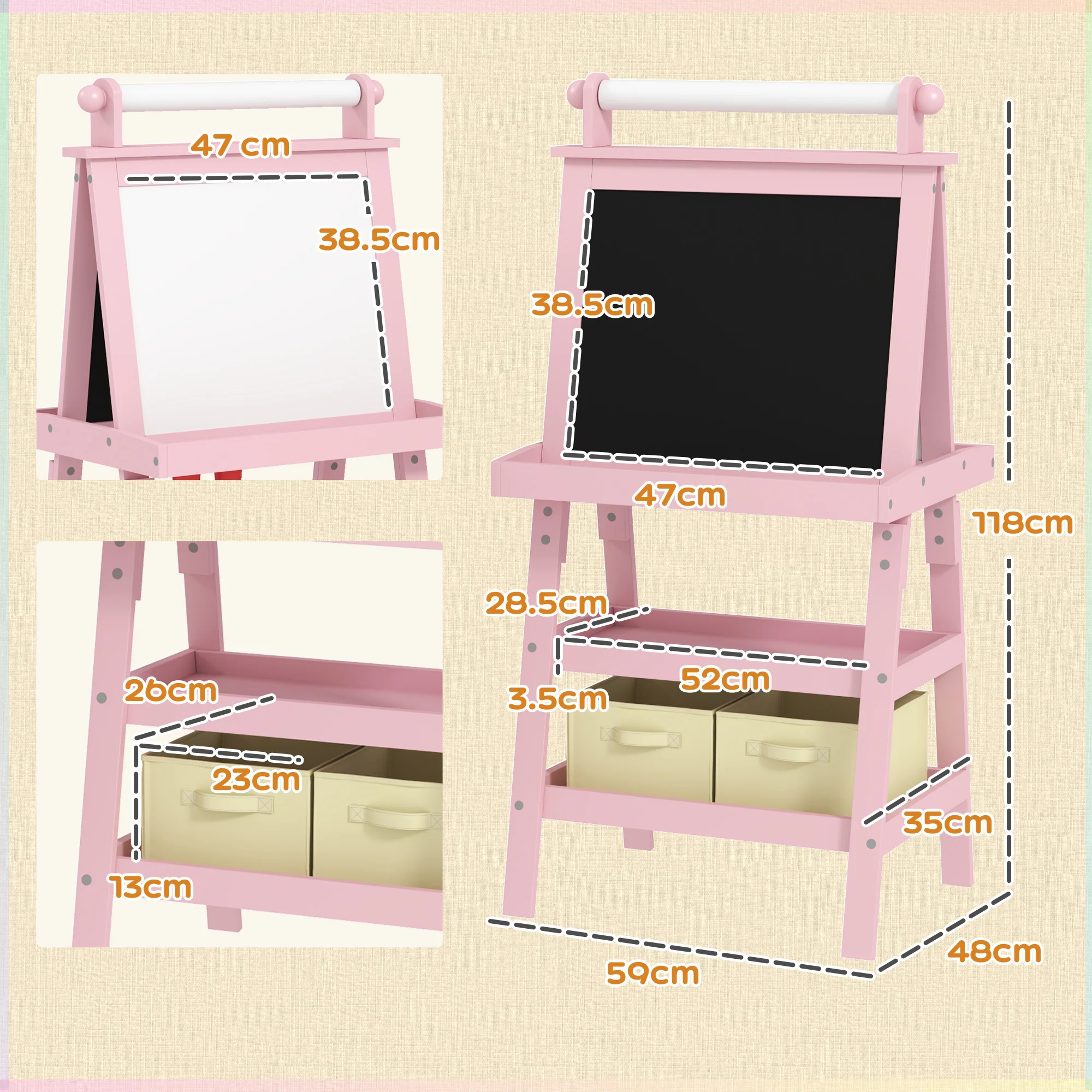AIYAPLAY Double-Sided Art Easel For Kids W/ Paper Roll, Storage Baskets Pink - Image 5
