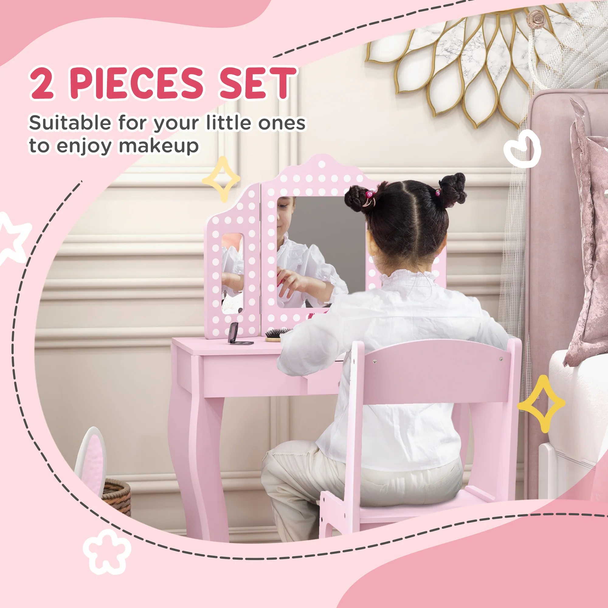 AIYAPLAY Kids Dressing Table Set Make Up W/ Stool, Drawer, For Playroom - Image 3