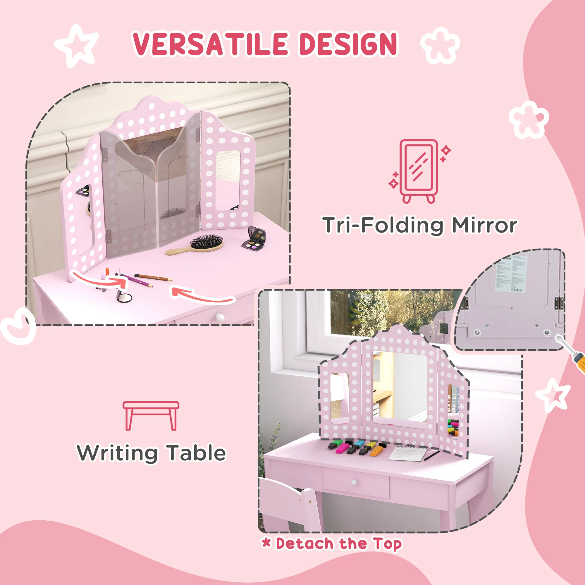 AIYAPLAY Kids Dressing Table Set Make Up W/ Stool, Drawer, For Playroom - Image 4