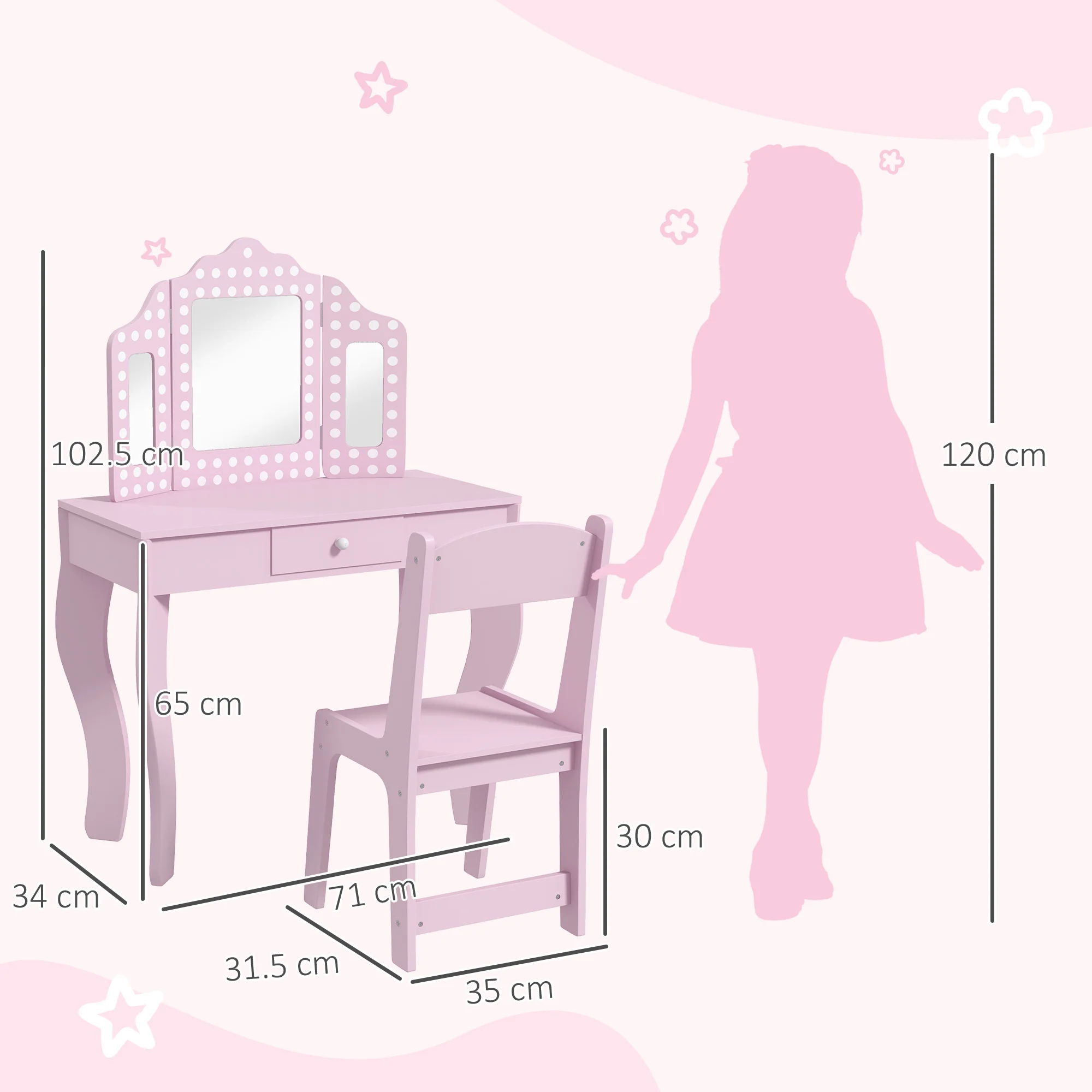 AIYAPLAY Kids Dressing Table Set Make Up W/ Stool, Drawer, For Playroom - Image 5