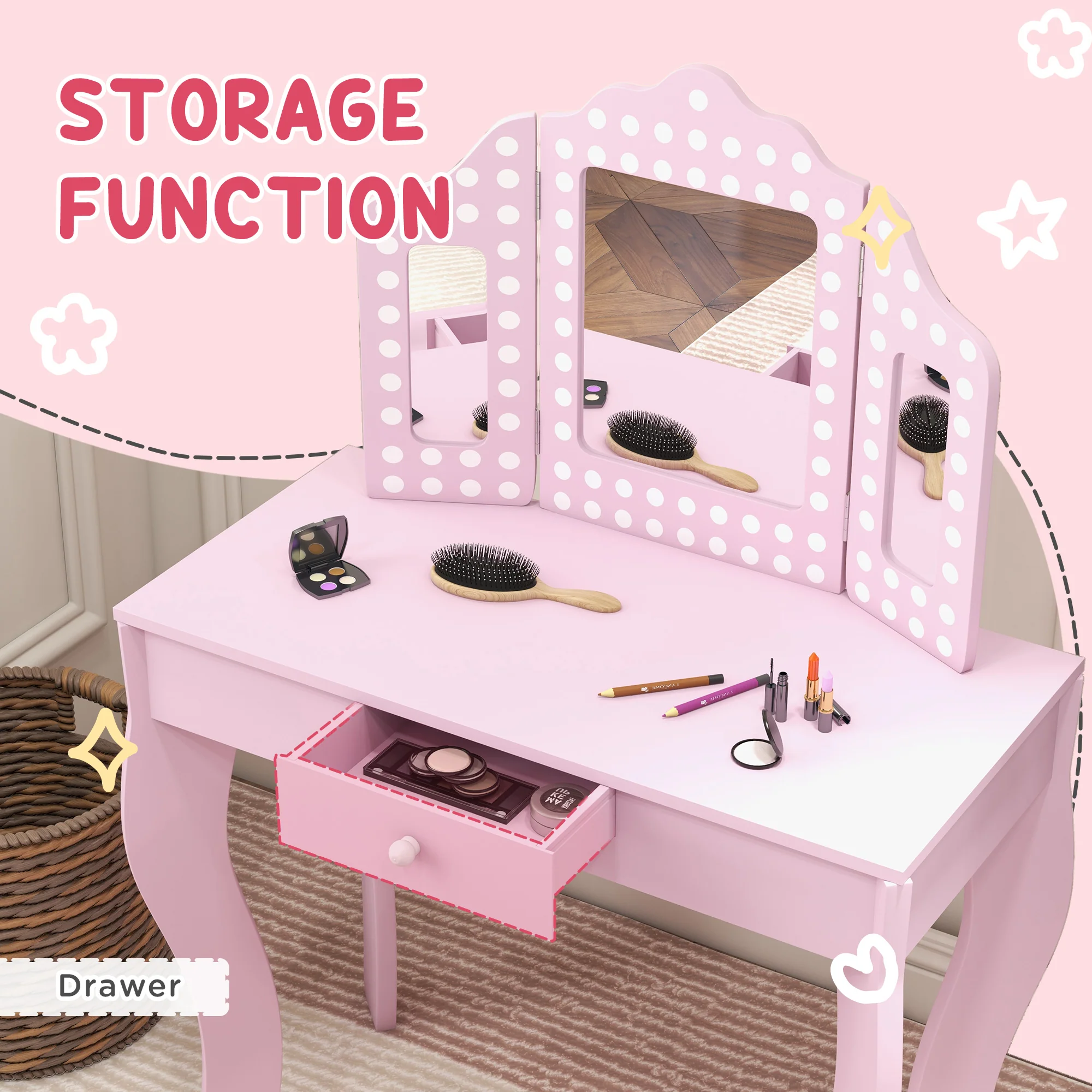 AIYAPLAY Kids Dressing Table Set Make Up W/ Stool, Drawer, For Playroom - Image 6