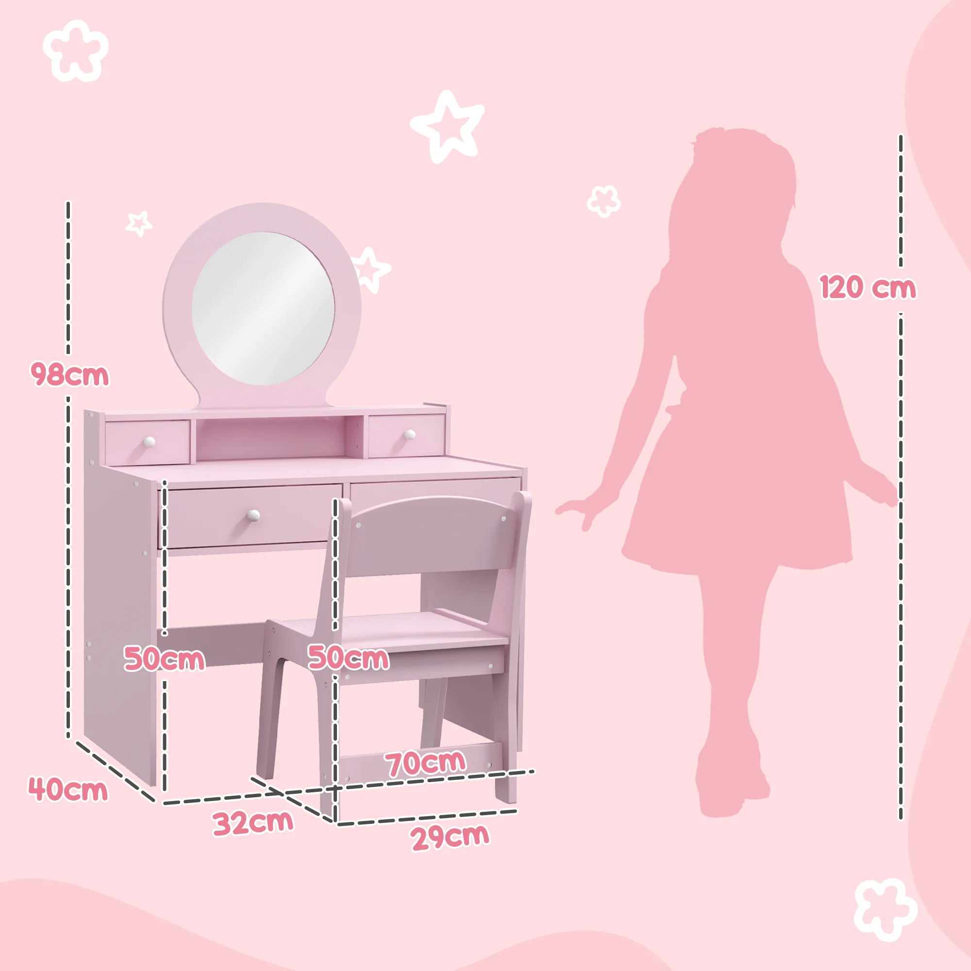 AIYAPLAY Kids Dressing Table Set W/ Stool, Mirror, Drawers - Pink - Image 5