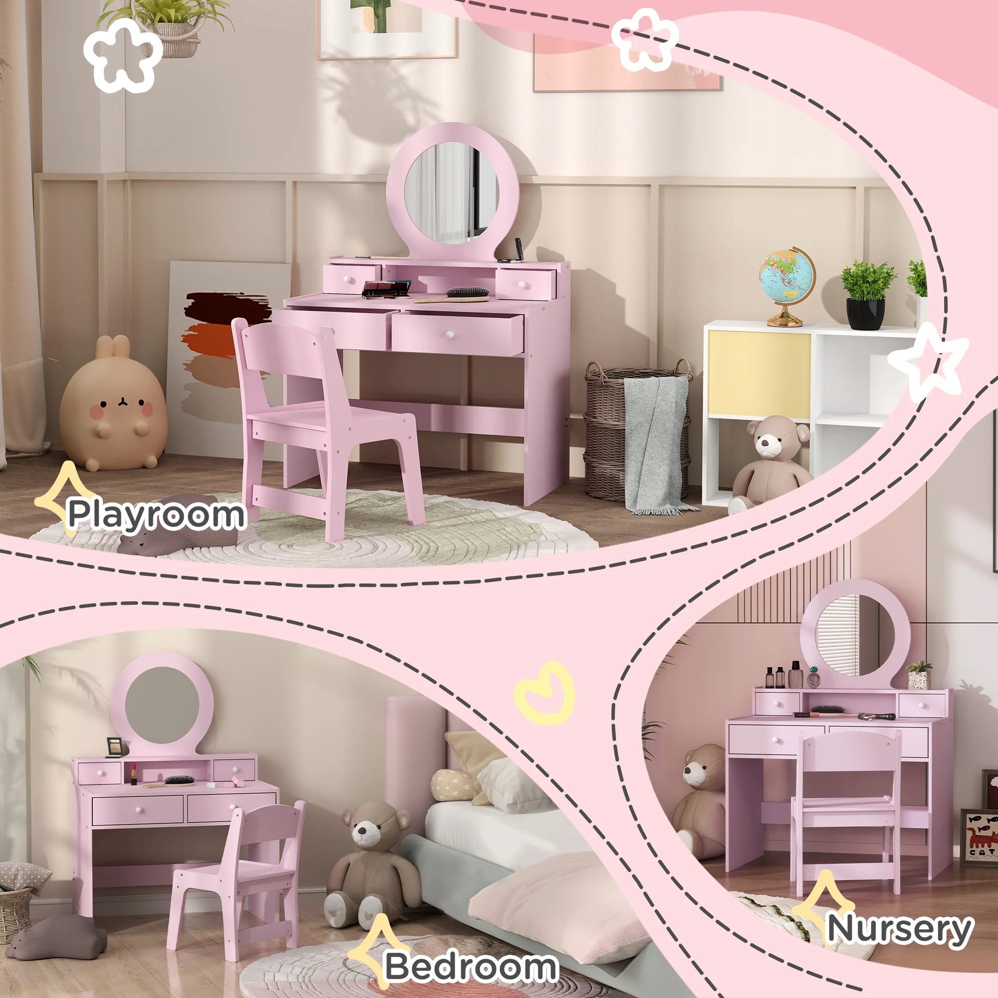 AIYAPLAY Kids Dressing Table Set W/ Stool, Mirror, Drawers - Pink - Image 7