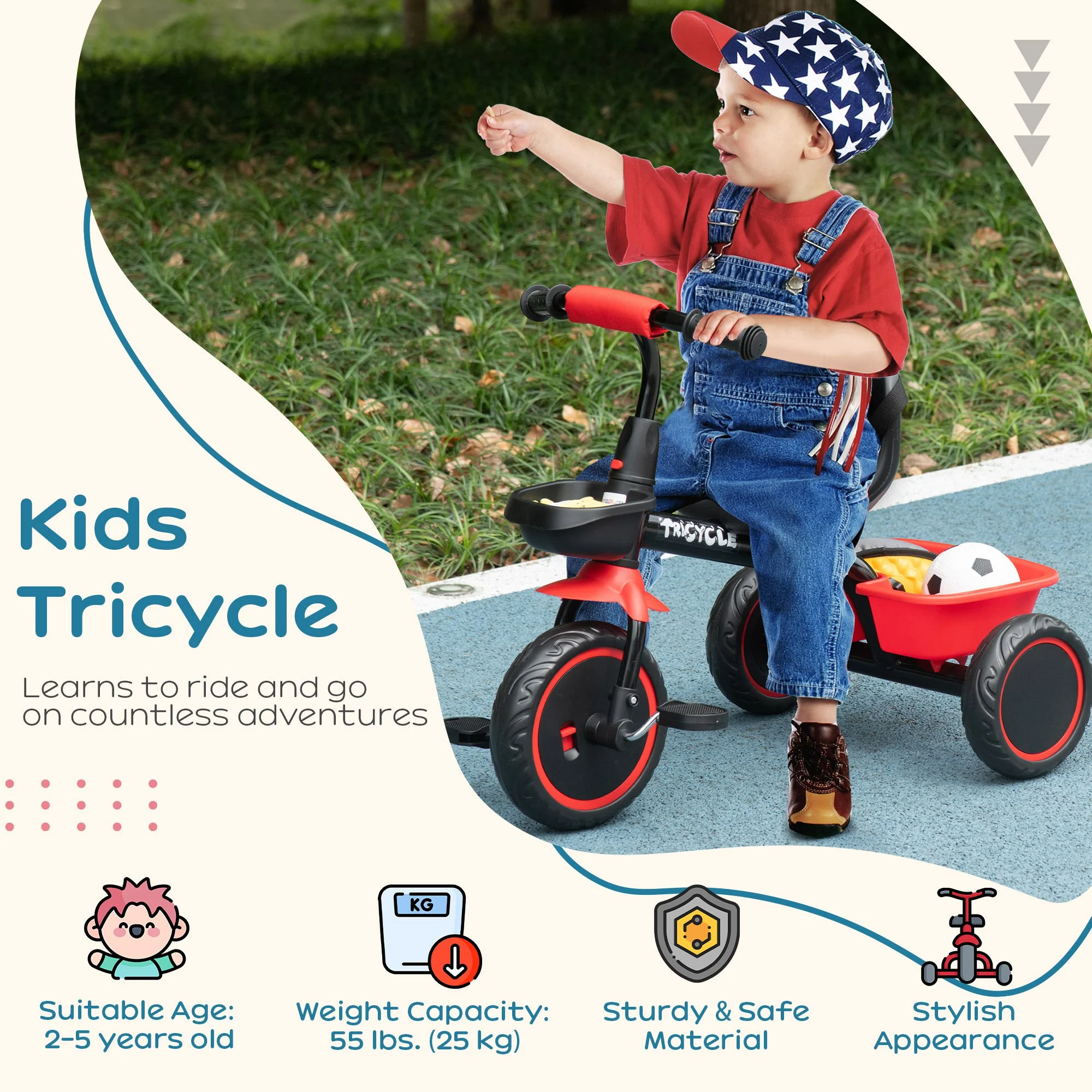 AIYAPLAY Kids Red Trike For 2 To 5 Years With Adjustable Seat, Baskets - Image 3