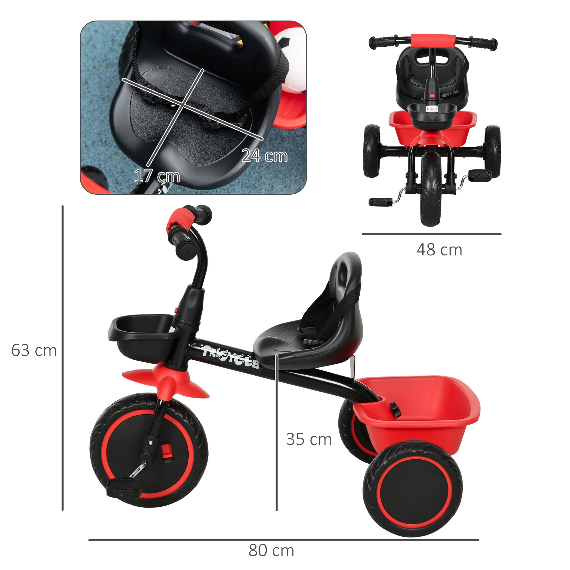 AIYAPLAY Kids Red Trike For 2 To 5 Years With Adjustable Seat, Baskets - Image 5