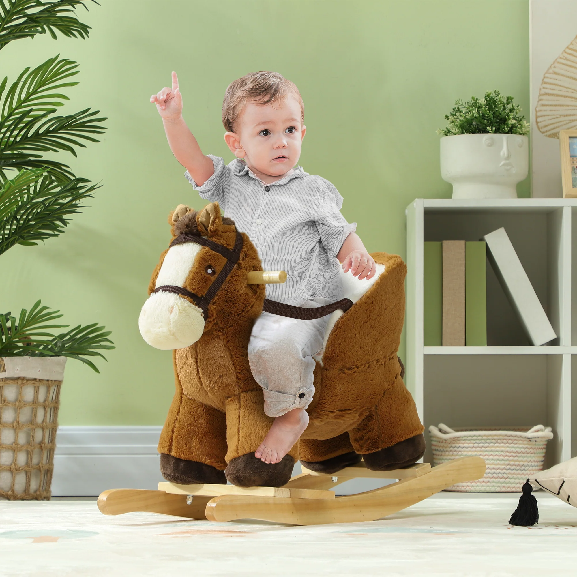 AIYAPLAY Kids Rocking Horse W/ Sound, Safety Belt - Brown - Image 3
