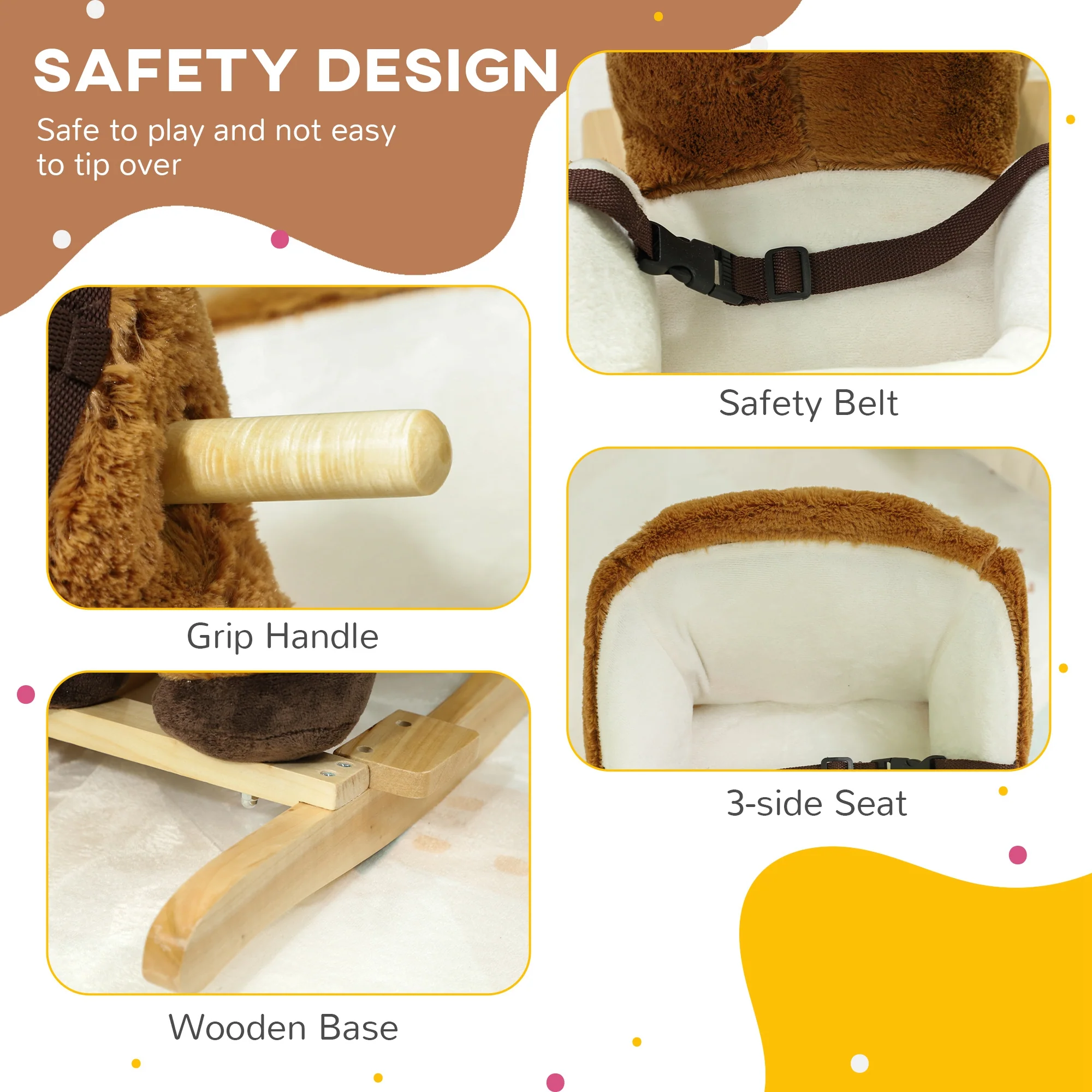 AIYAPLAY Kids Rocking Horse W/ Sound, Safety Belt - Brown - Image 7