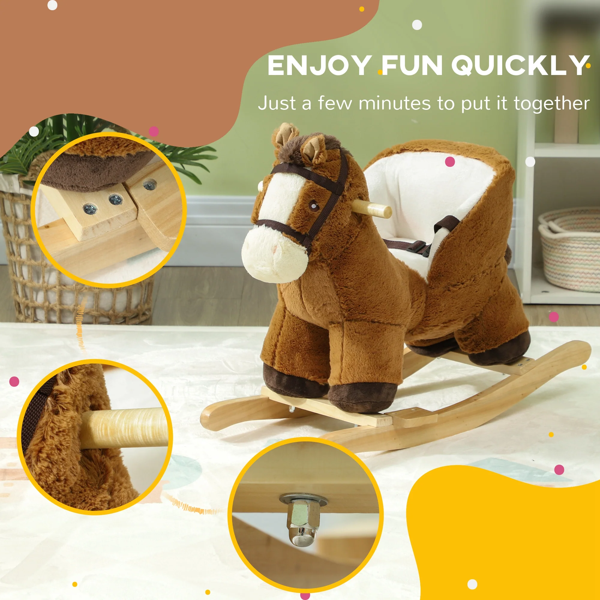 AIYAPLAY Kids Rocking Horse W/ Sound, Safety Belt - Brown - Image 8
