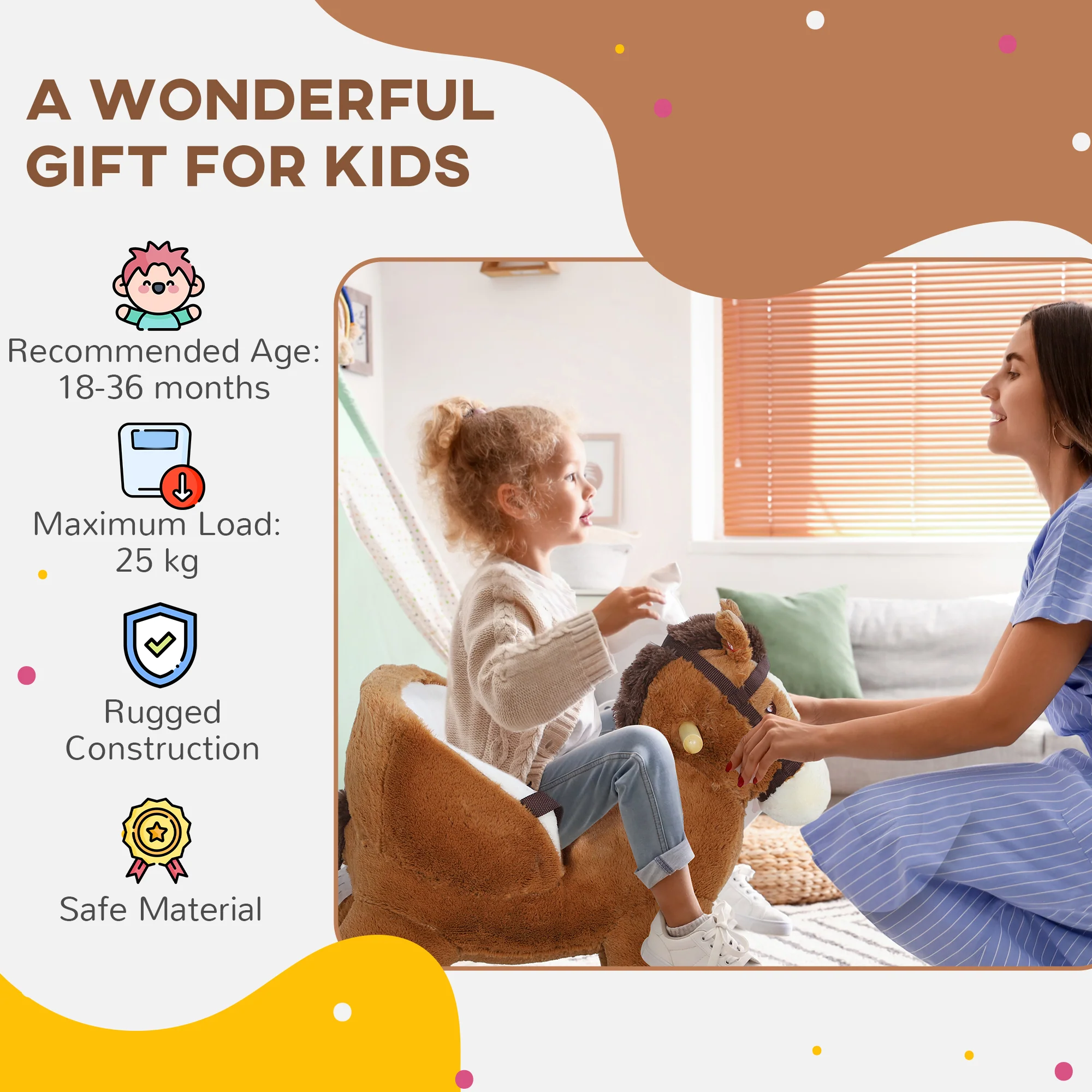 AIYAPLAY Kids Rocking Horse W/ Sound, Safety Belt - Brown - Image 9