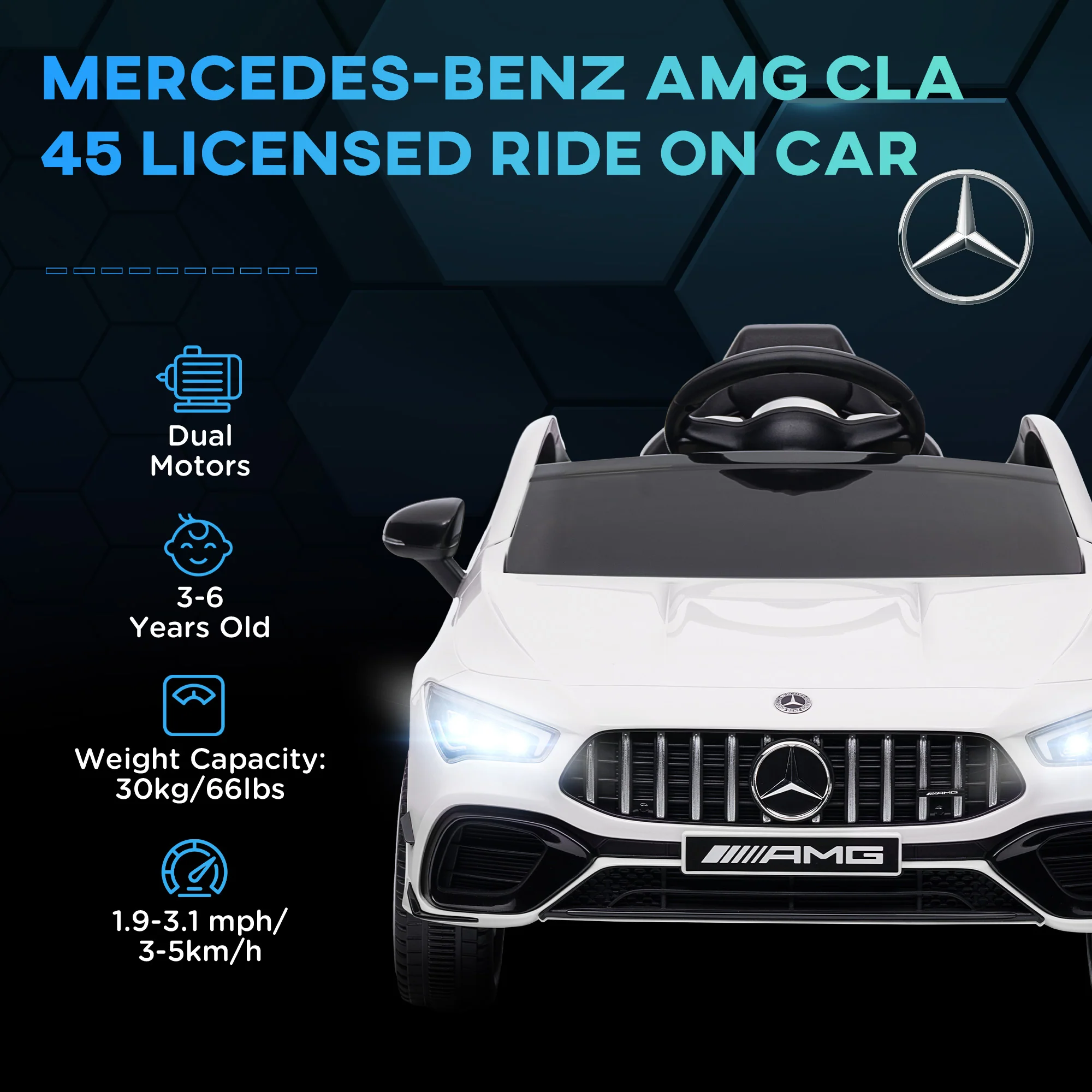 AIYAPLAY Mercedes-AMG CLA 45 Licensed 12V Ride On Car W/ Music - Black/Blue/White/Yellow - Image 28