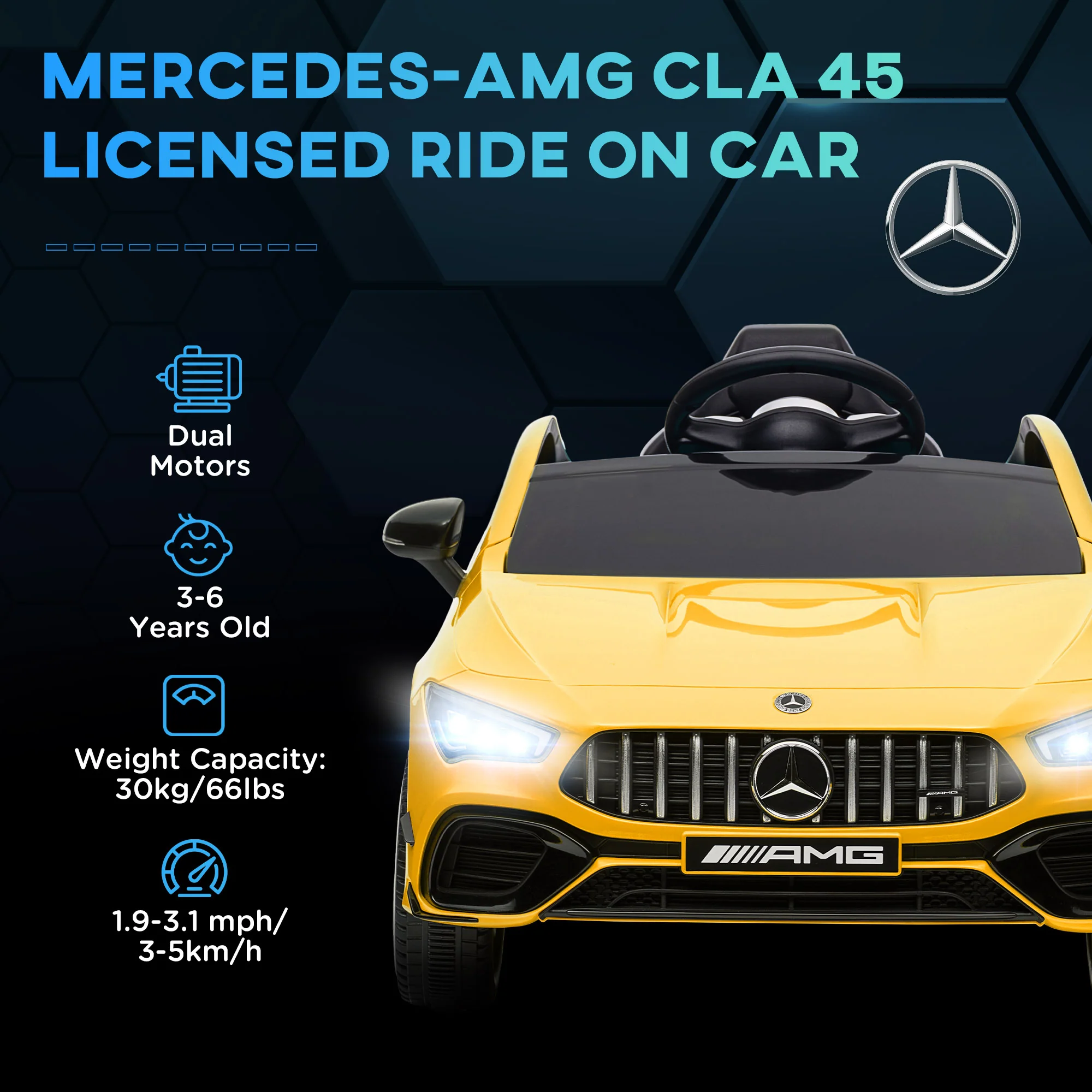 AIYAPLAY Mercedes-AMG CLA 45 Licensed 12V Ride On Car W/ Music - Black/Blue/White/Yellow - Image 3