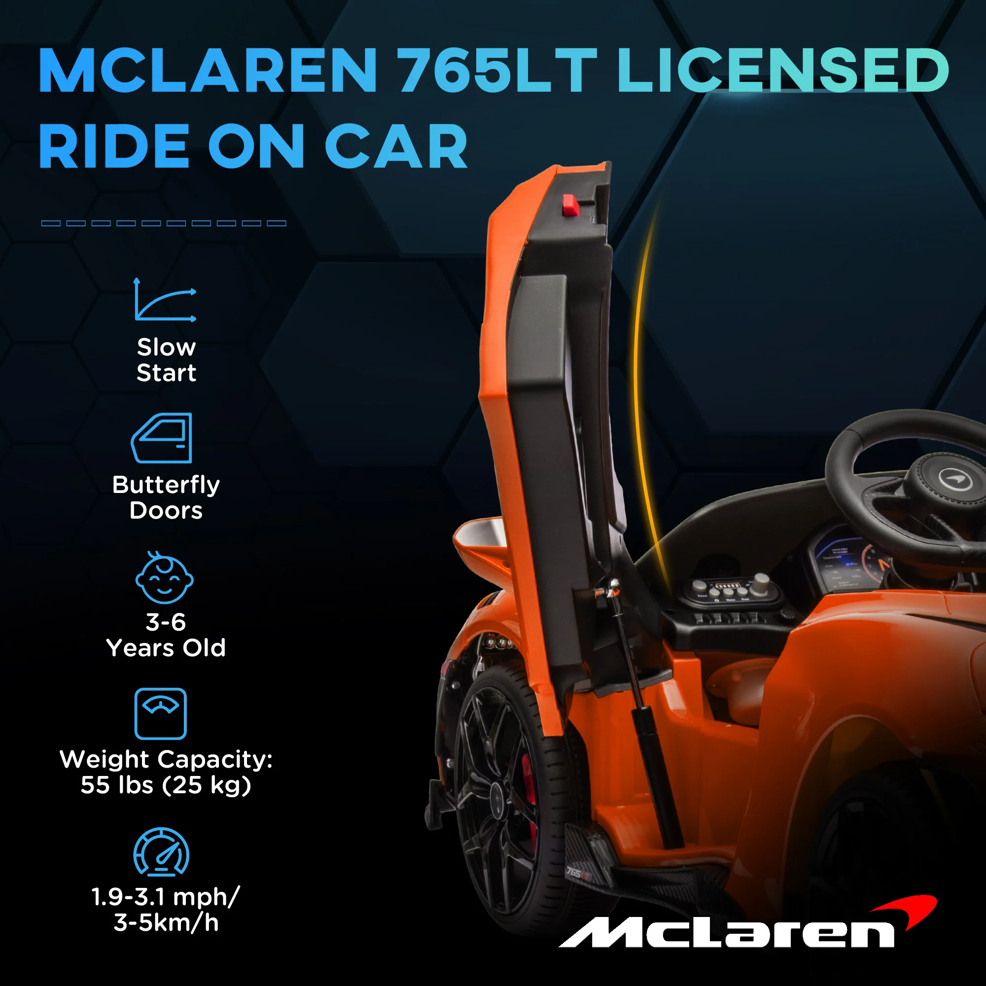 AIYAPLAY Orange McLaren 765LT Licensed 12V Kids Ride On Car W/ MP3 Music - Image 3