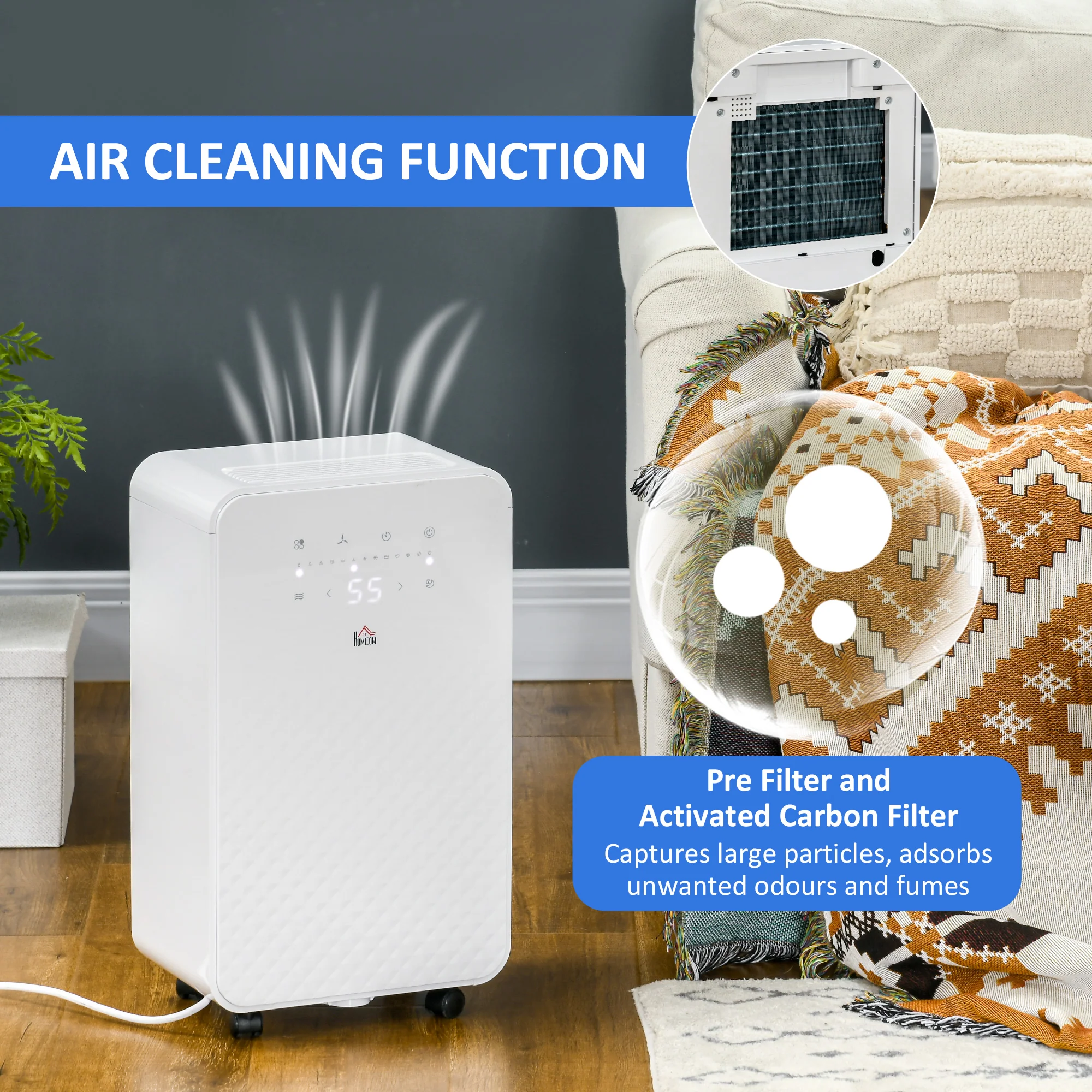 HOMCOM 12L/Day Protable Quiet Air Dehumidifier With Purifier, Timer, 5 Modes - Image 6