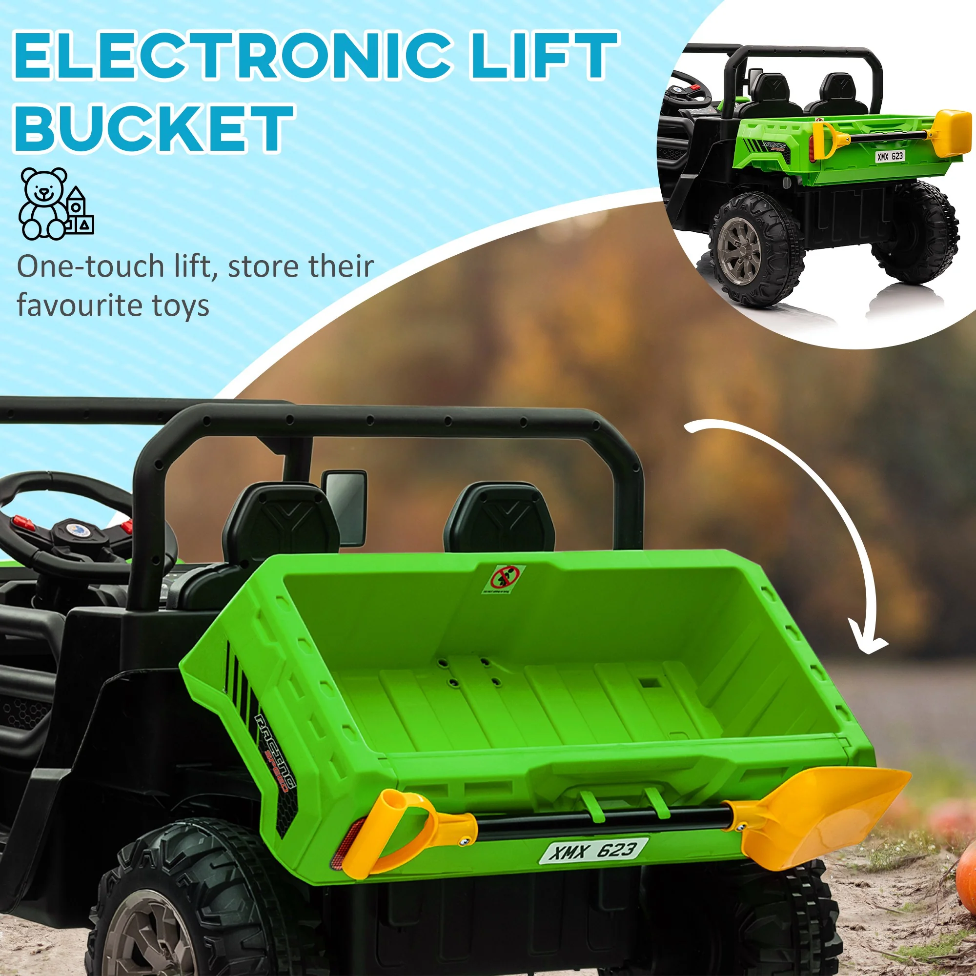 HOMCOM 12V Two-Seater Kids Electric Ride-On Car W/ Electric Bucket - Green - Image 7