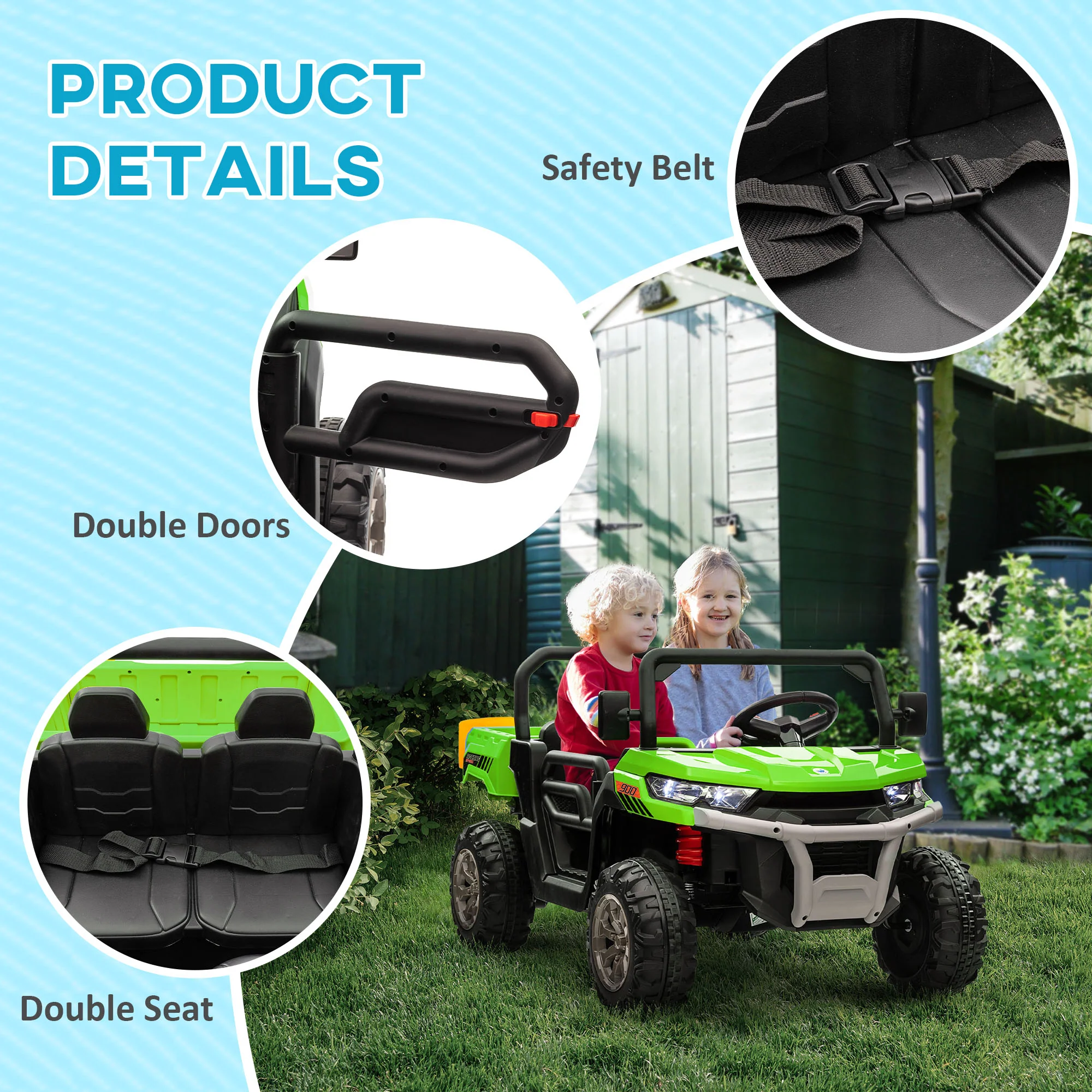 HOMCOM 12V Two-Seater Kids Electric Ride-On Car W/ Electric Bucket - Green - Image 8