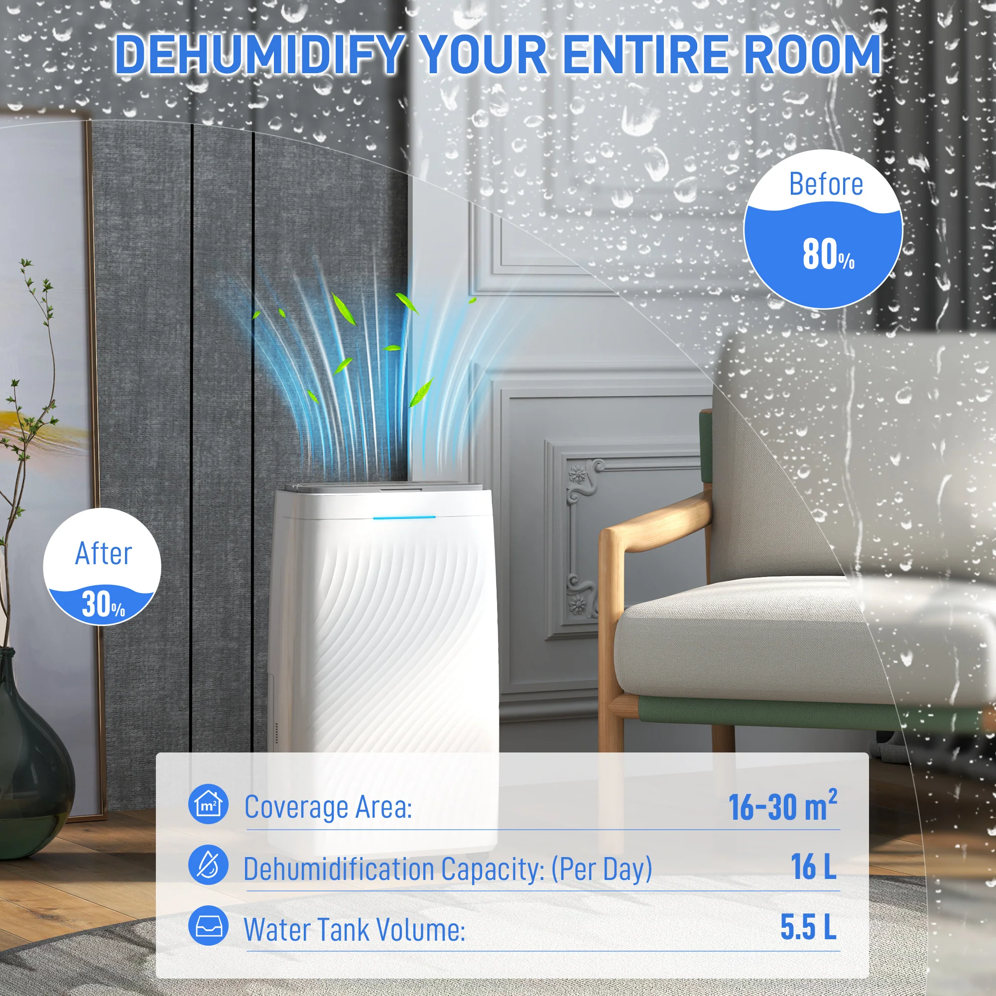 HOMCOM 16L Dehumidifier With Filter, 5.5L Water Tank, Auto Defrost, Timer - Image 3