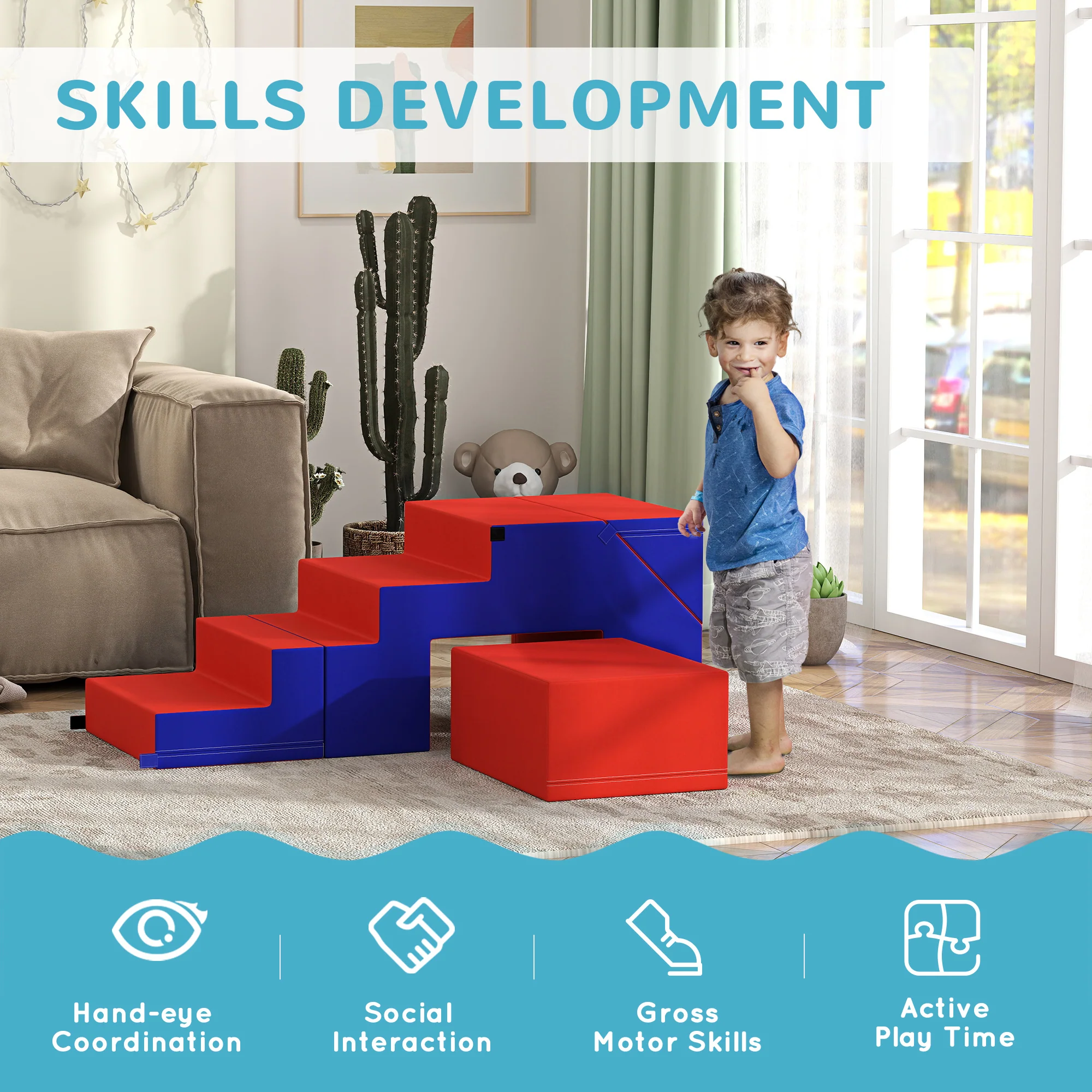 HOMCOM 2-piece Soft Play Set, Baby Foam Climber Block For Toddler, Dark Blue - Image 4