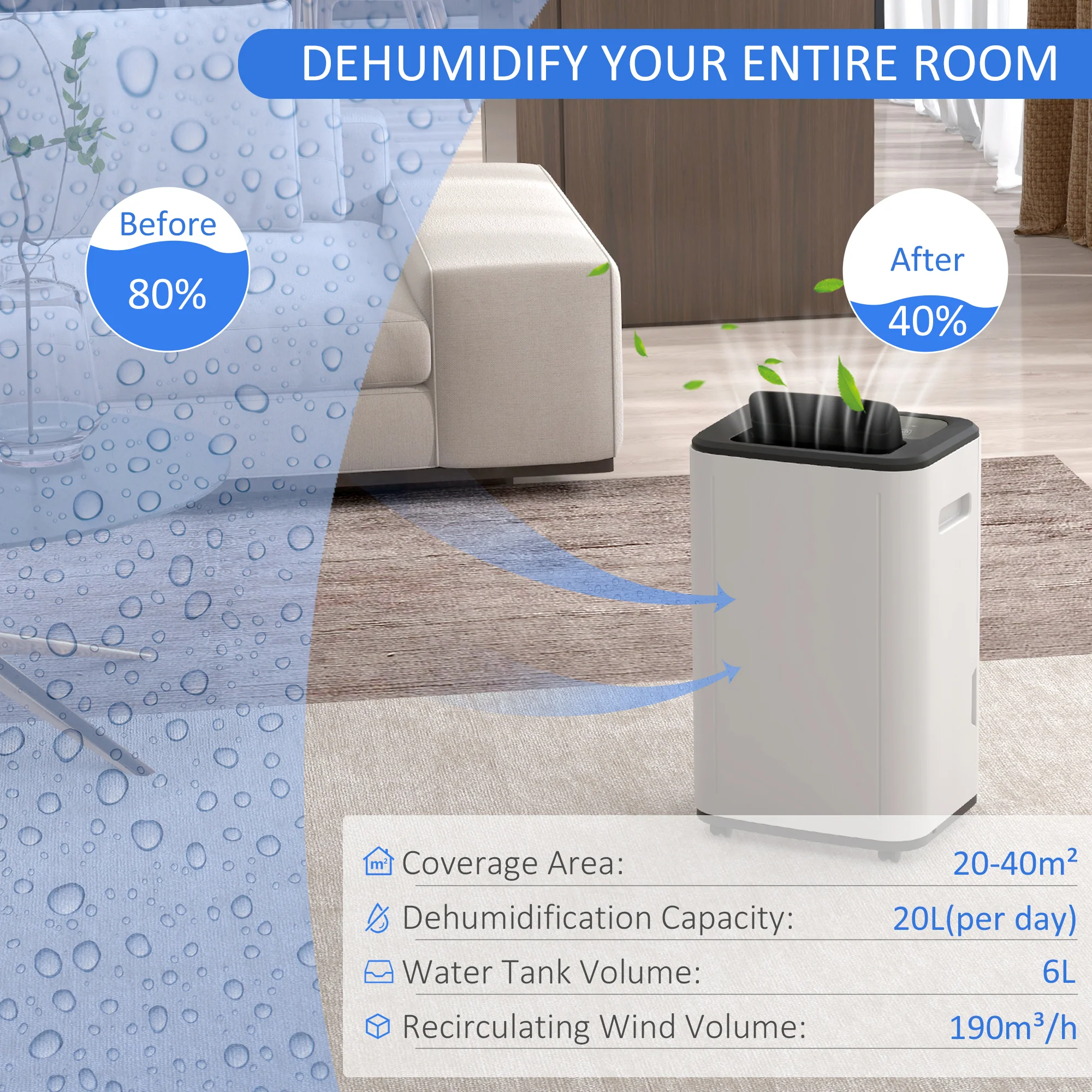 HOMCOM 20L/Day 6L Dehumidifier, Portable Quiet Air Dehumidifier For Laundry - Image 3