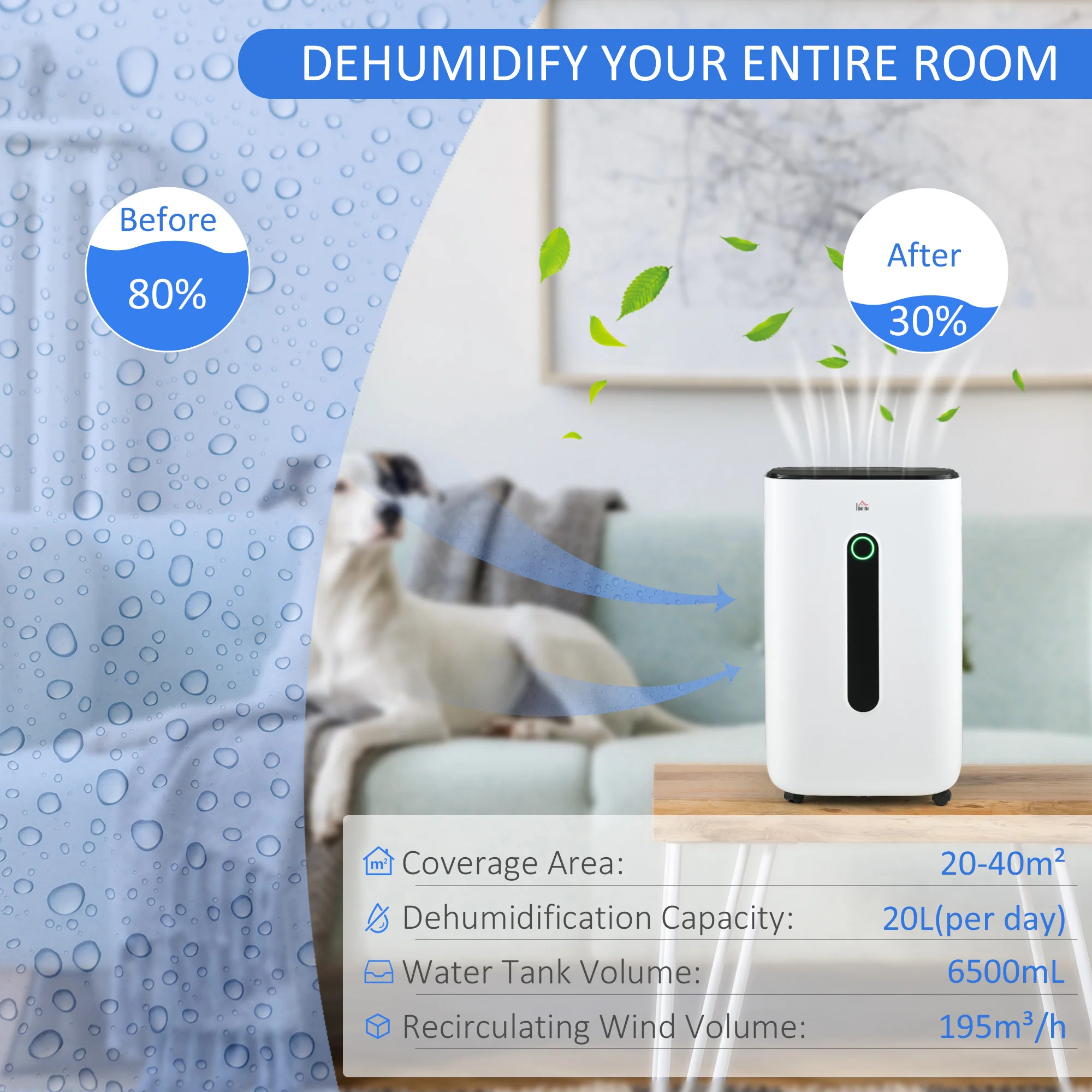 HOMCOM 20L/Day Quiet Air Dehumidifier With Purifier, Timer, For Home Laundry - Image 3