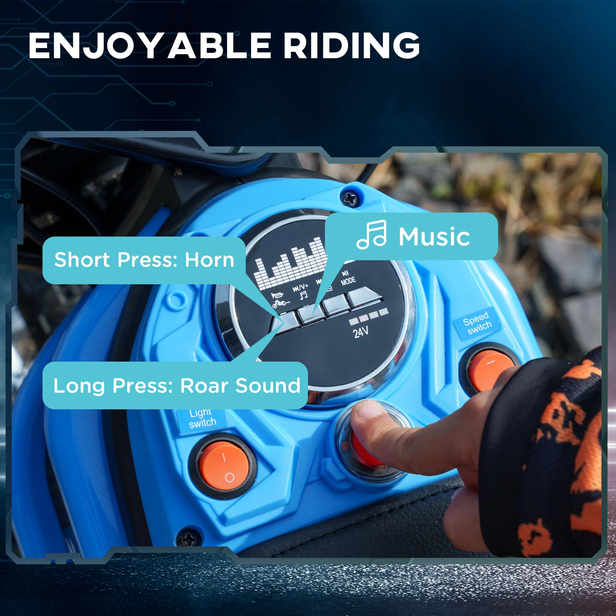 HOMCOM 24V Kids Electric Motorbike With Twist Grip Throttle, Music, Horn - Blue - Image 7