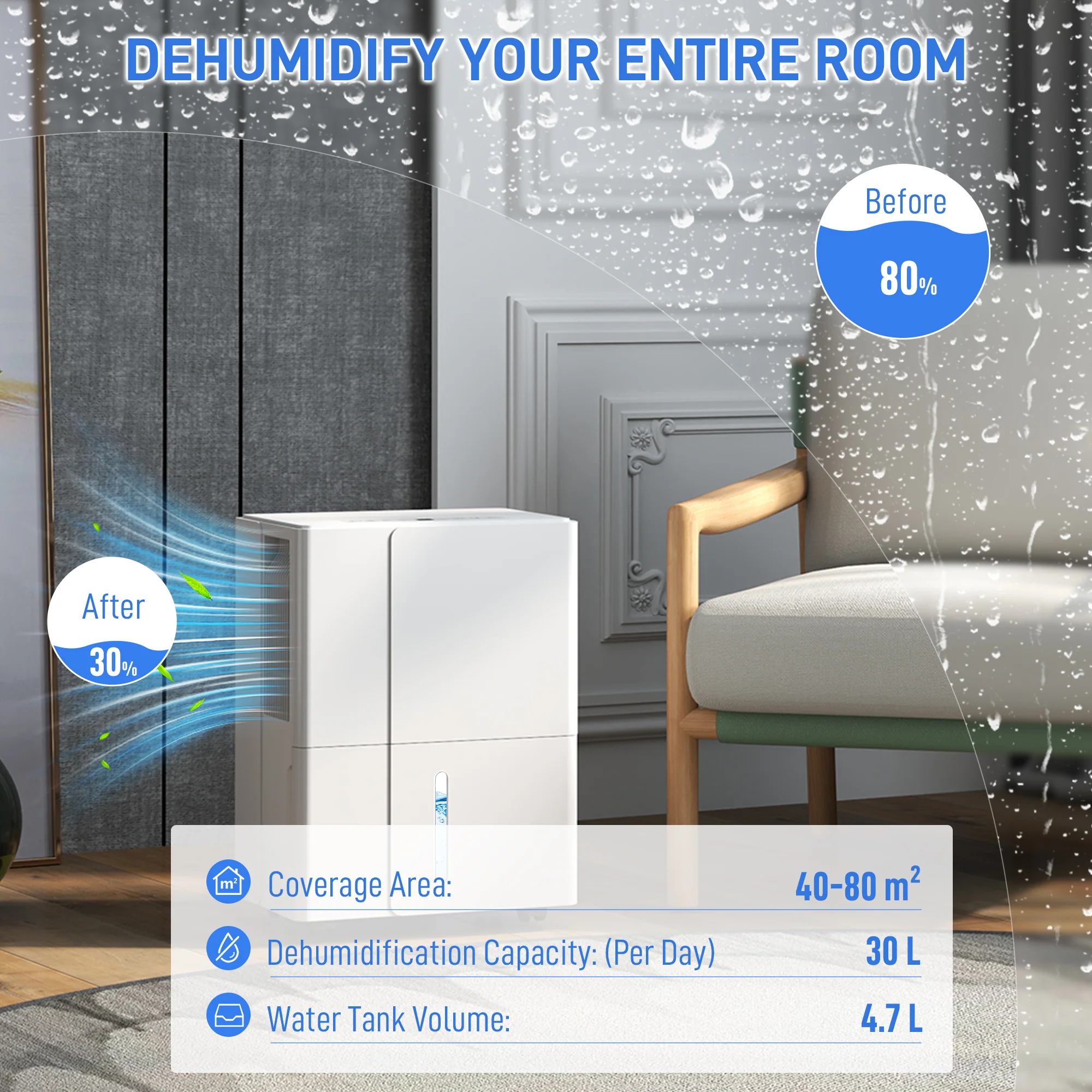 HOMCOM 30L Dehumidifier With Filter, Auto Defrost, For Home Laundry Drying - Image 3