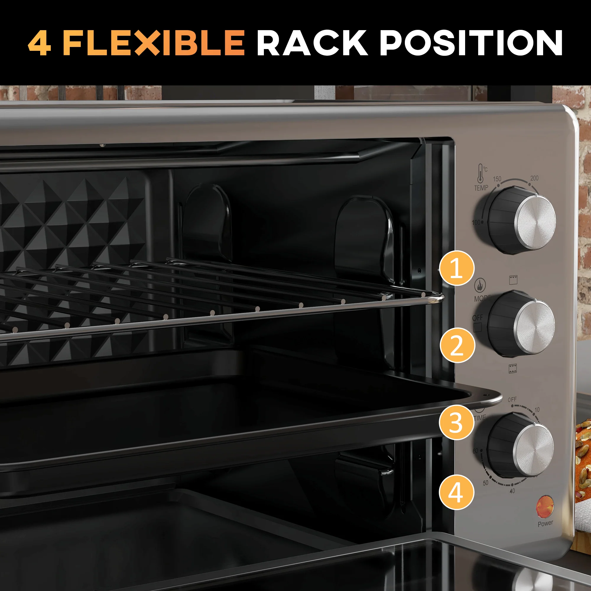 HOMCOM 30L Mini Oven With Adjustable Temperature, 60 Min Time 1600W, Silver - Image 4