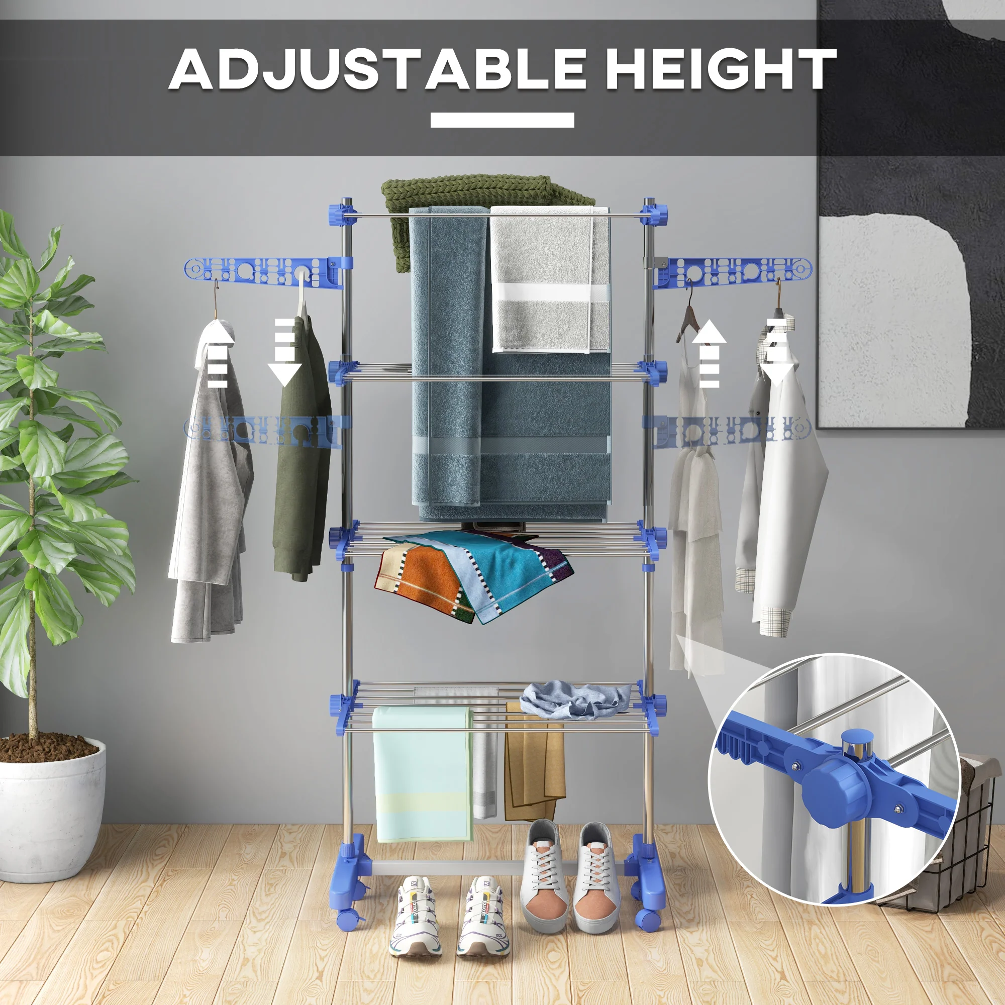 HOMCOM 4-Tier Large Clothes Airer Stainless Steel Clothes Drying Rack Blue - Image 3