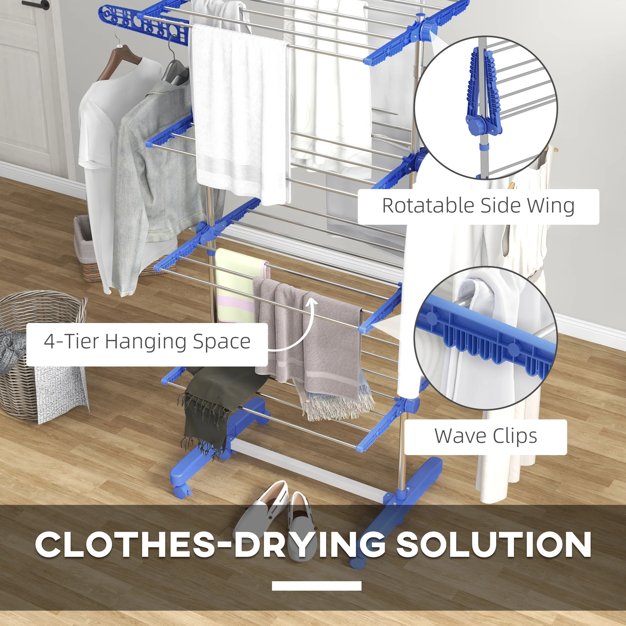 HOMCOM 4-Tier Large Clothes Airer Stainless Steel Clothes Drying Rack Blue - Image 4