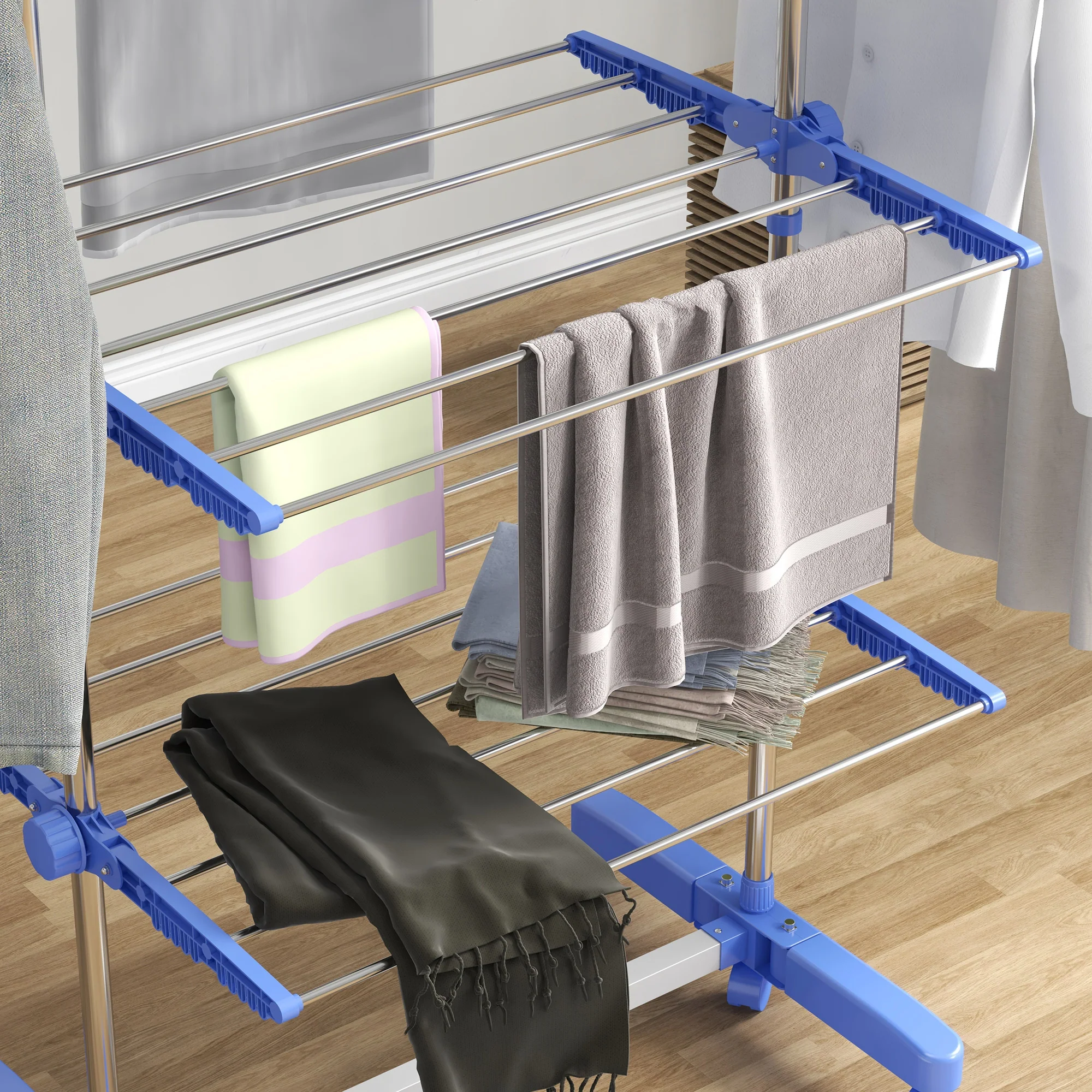HOMCOM 4-Tier Large Clothes Airer Stainless Steel Clothes Drying Rack Blue - Image 9