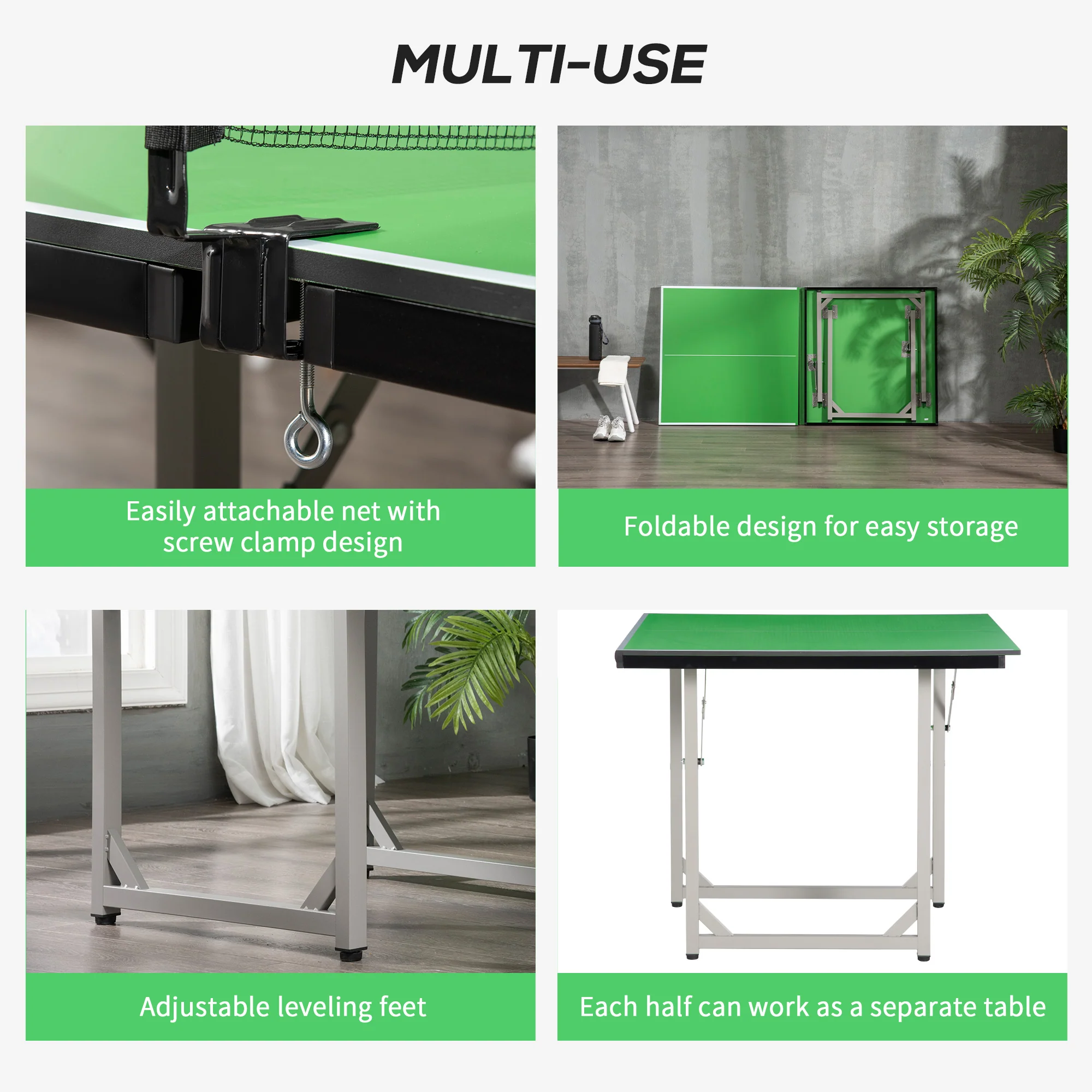 HOMCOM 6ft 182cm Mini Table Tennis Table Folding Ping Pong Table with Net Multi-Use Table for Indoor Outdoor Game, Green - Image 5