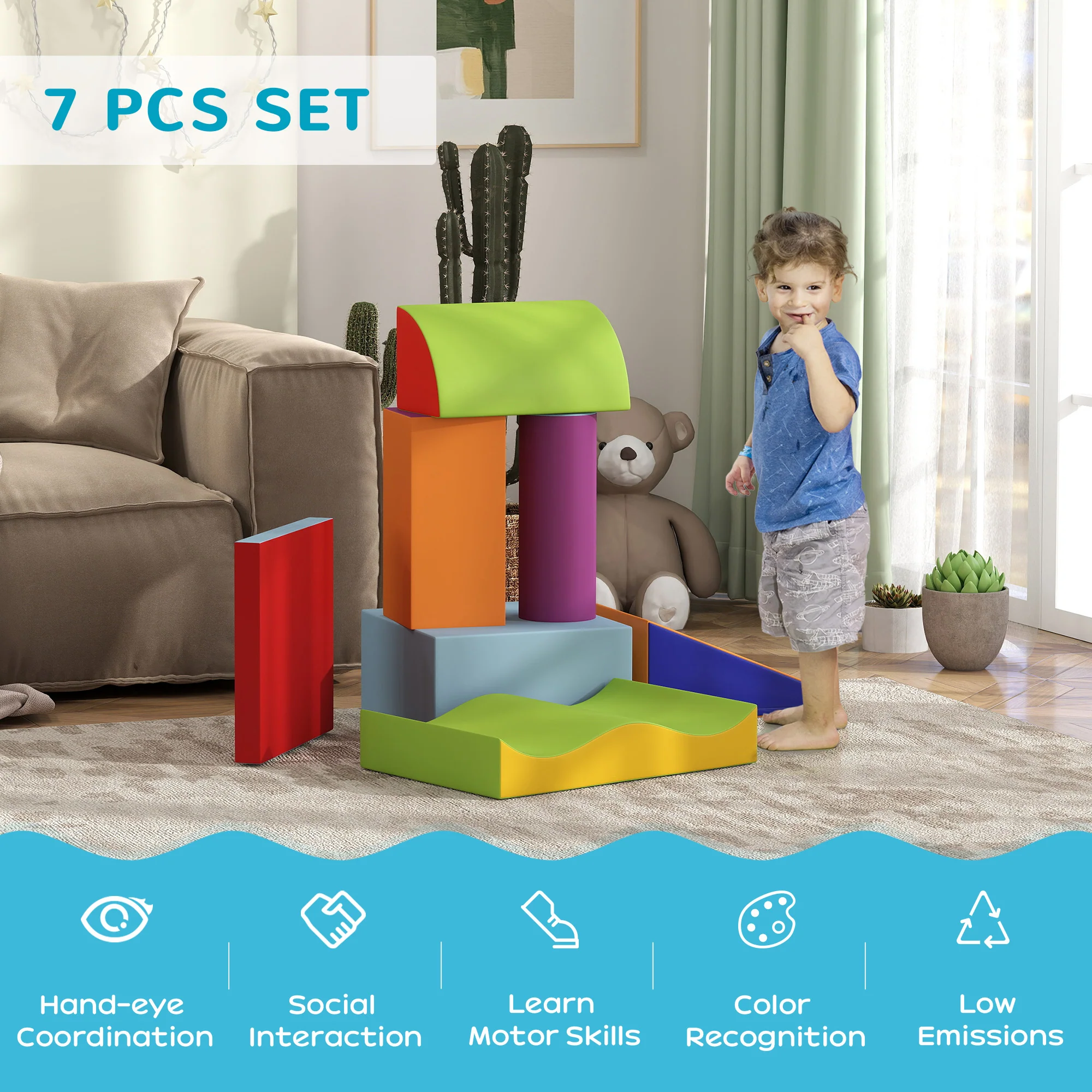 HOMCOM 7 Pcs Kids Soft Foam Puzzle Play Blocks Set Learning Toy Blue - Image 3