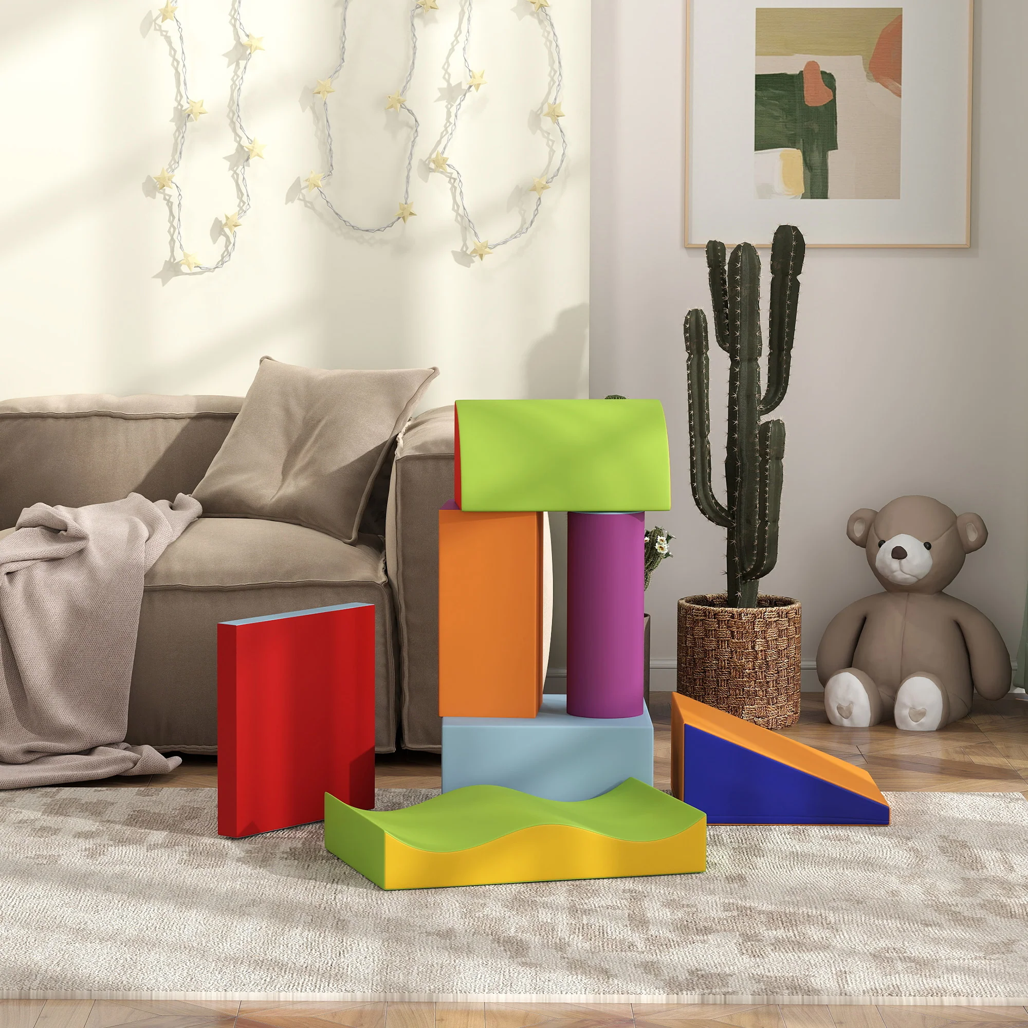 HOMCOM 7 Pcs Kids Soft Foam Puzzle Play Blocks Set Learning Toy Blue - Image 8