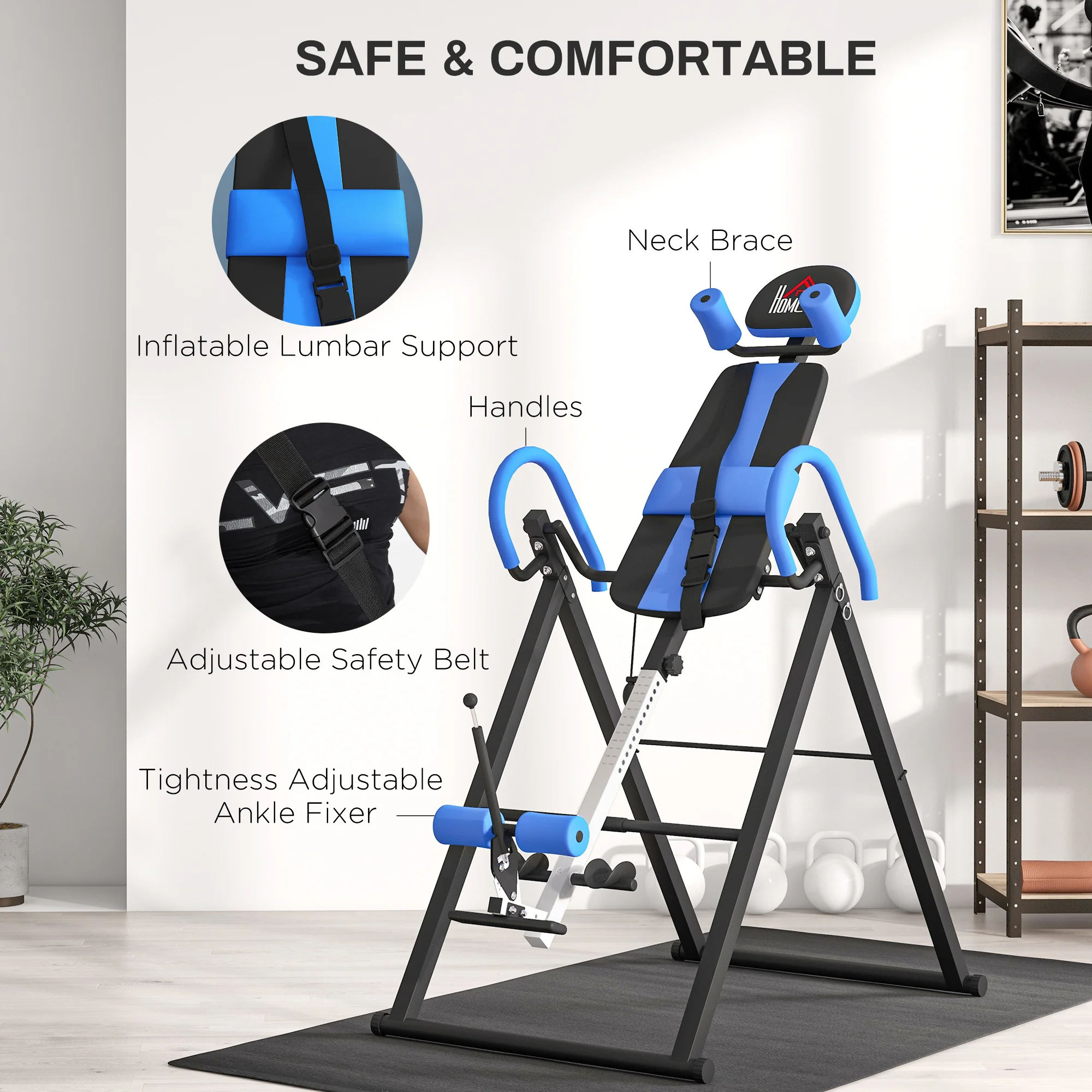 HOMCOM Adjustable Gravity Inversion Table With Safety Belt, Blue - Image 3