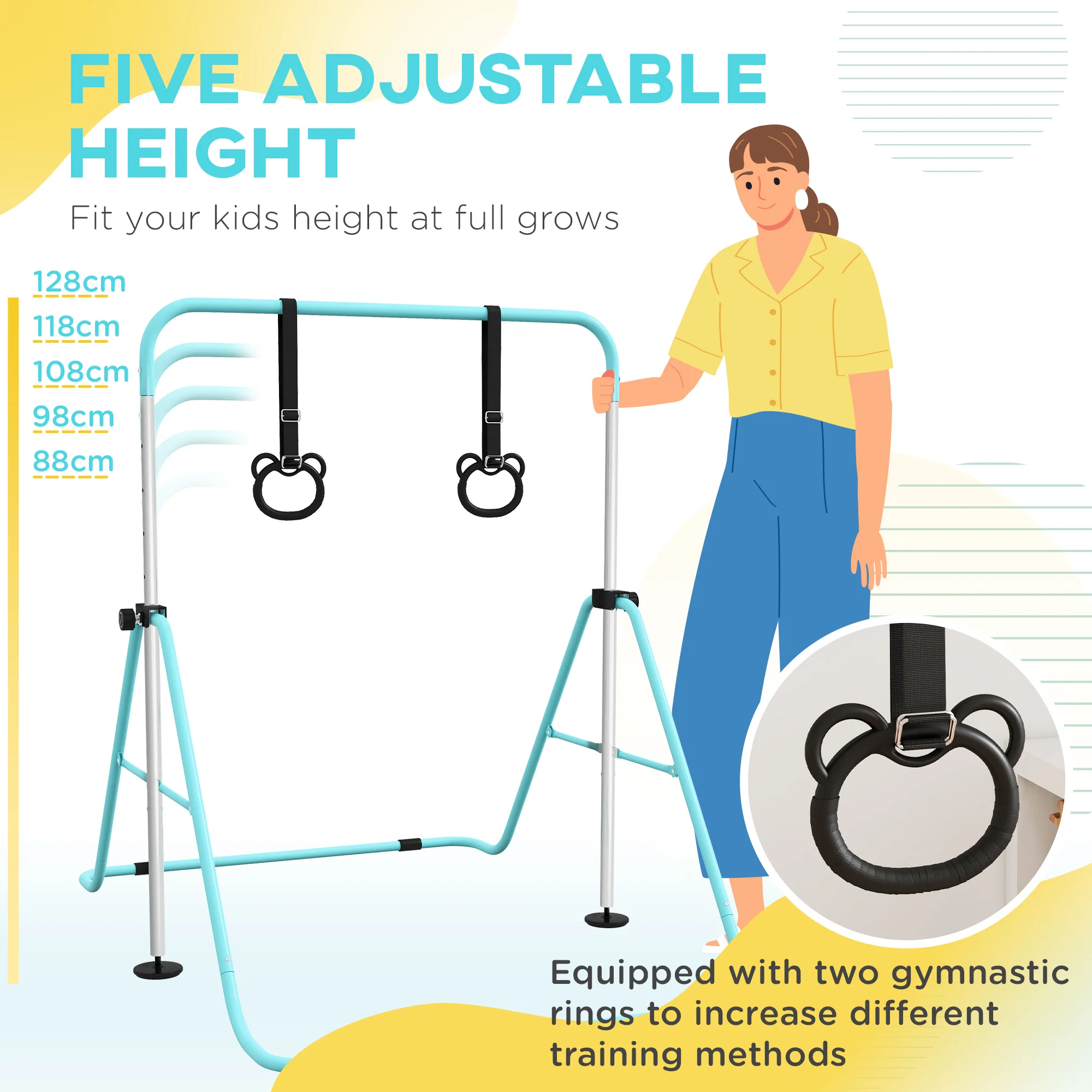 HOMCOM Adjustable Height Foldable Kids Non-Slip Gymnastics Bar - Image 21