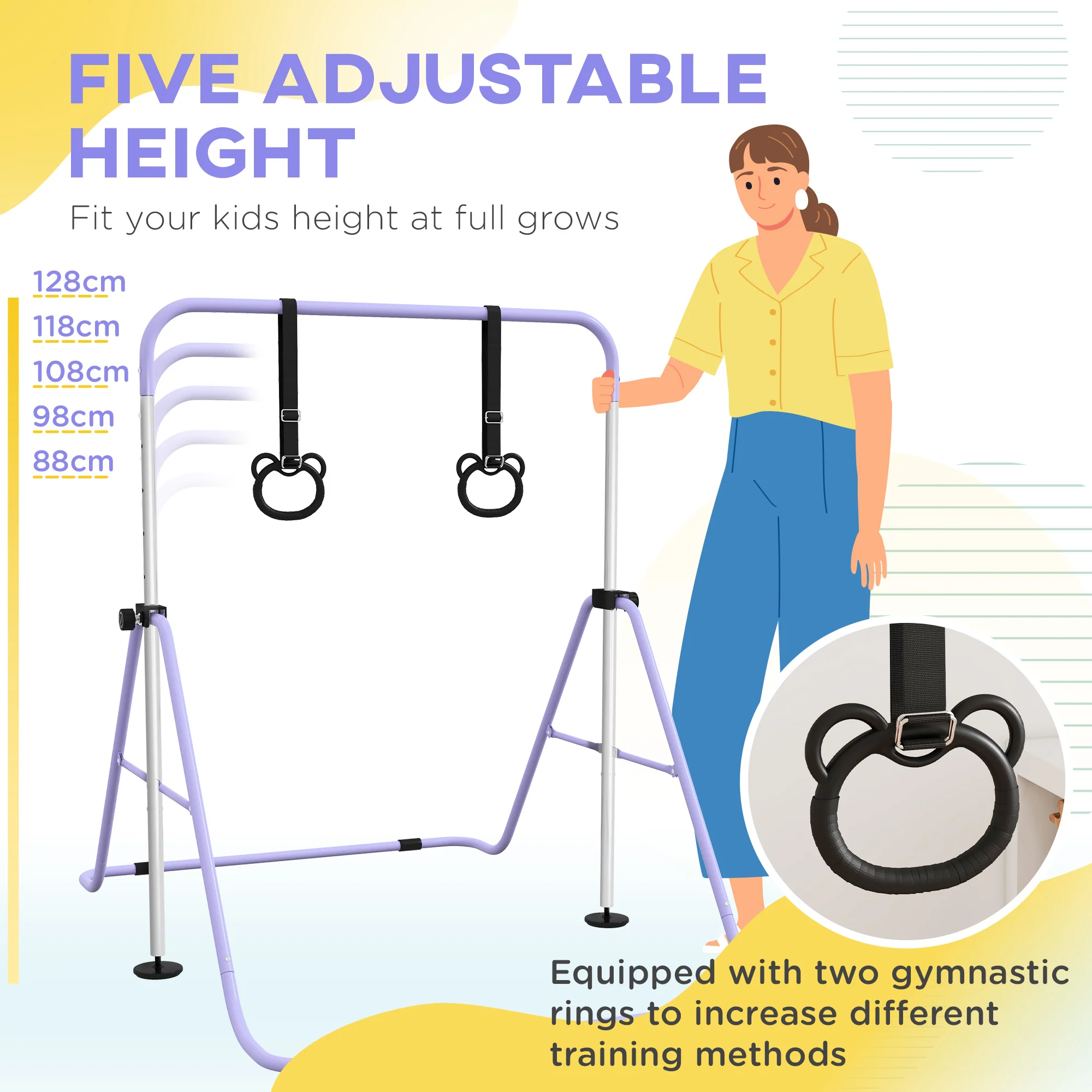 HOMCOM Adjustable Height Foldable Kids Non-Slip Gymnastics Bar - Image 3