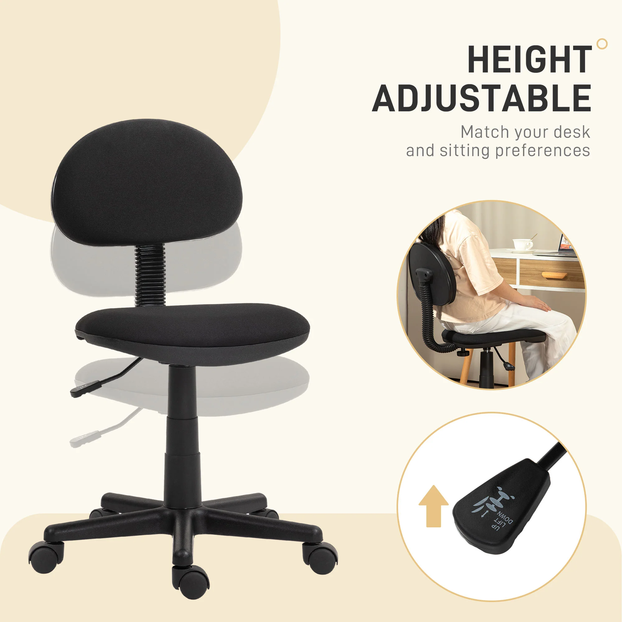 HOMCOM Armless Office Chair With Adjustable Height 360° Swivel Wheels Black - Image 3