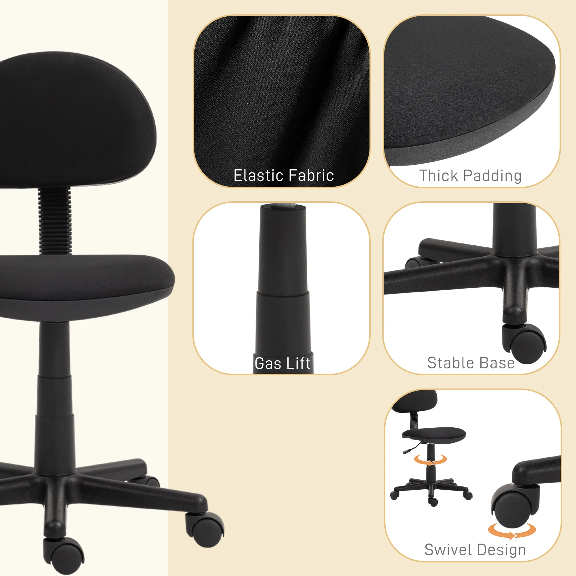 HOMCOM Armless Office Chair With Adjustable Height 360° Swivel Wheels Black - Image 4