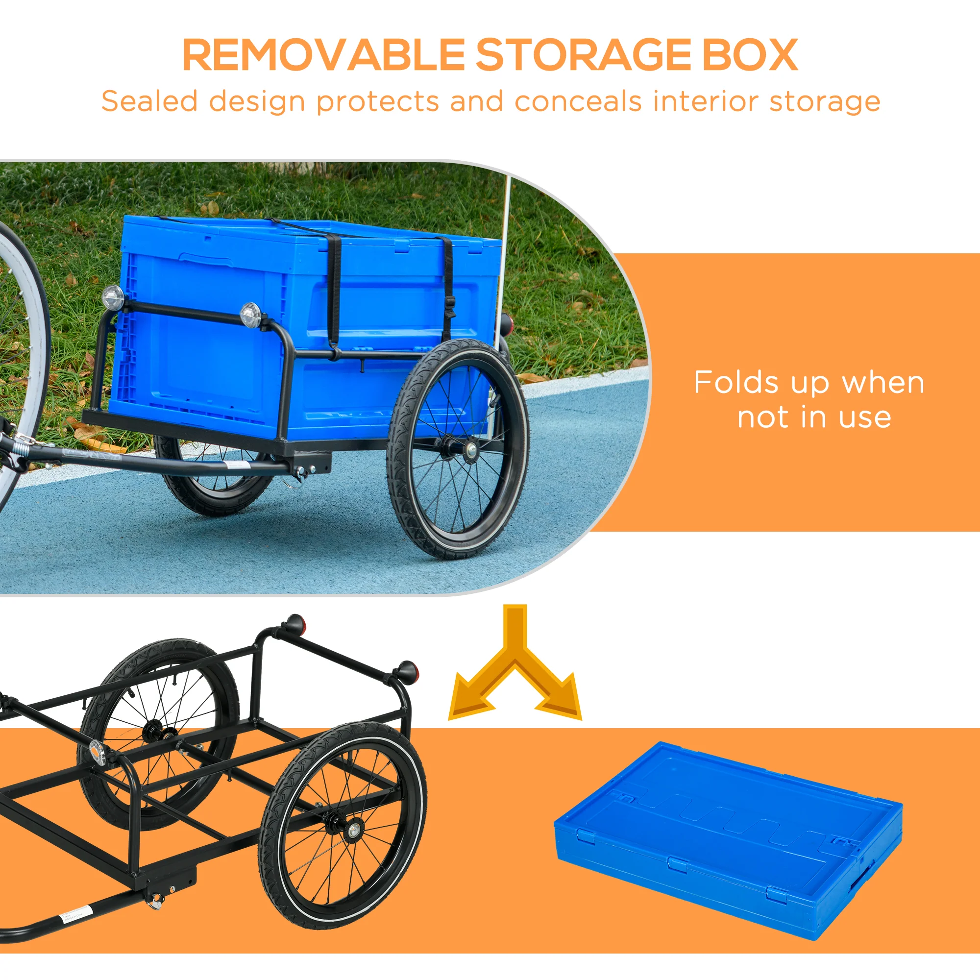 HOMCOM Bicycle Trailer with 65L Foldable Storage Box and Pneumatic Tyres, Blue - Image 3