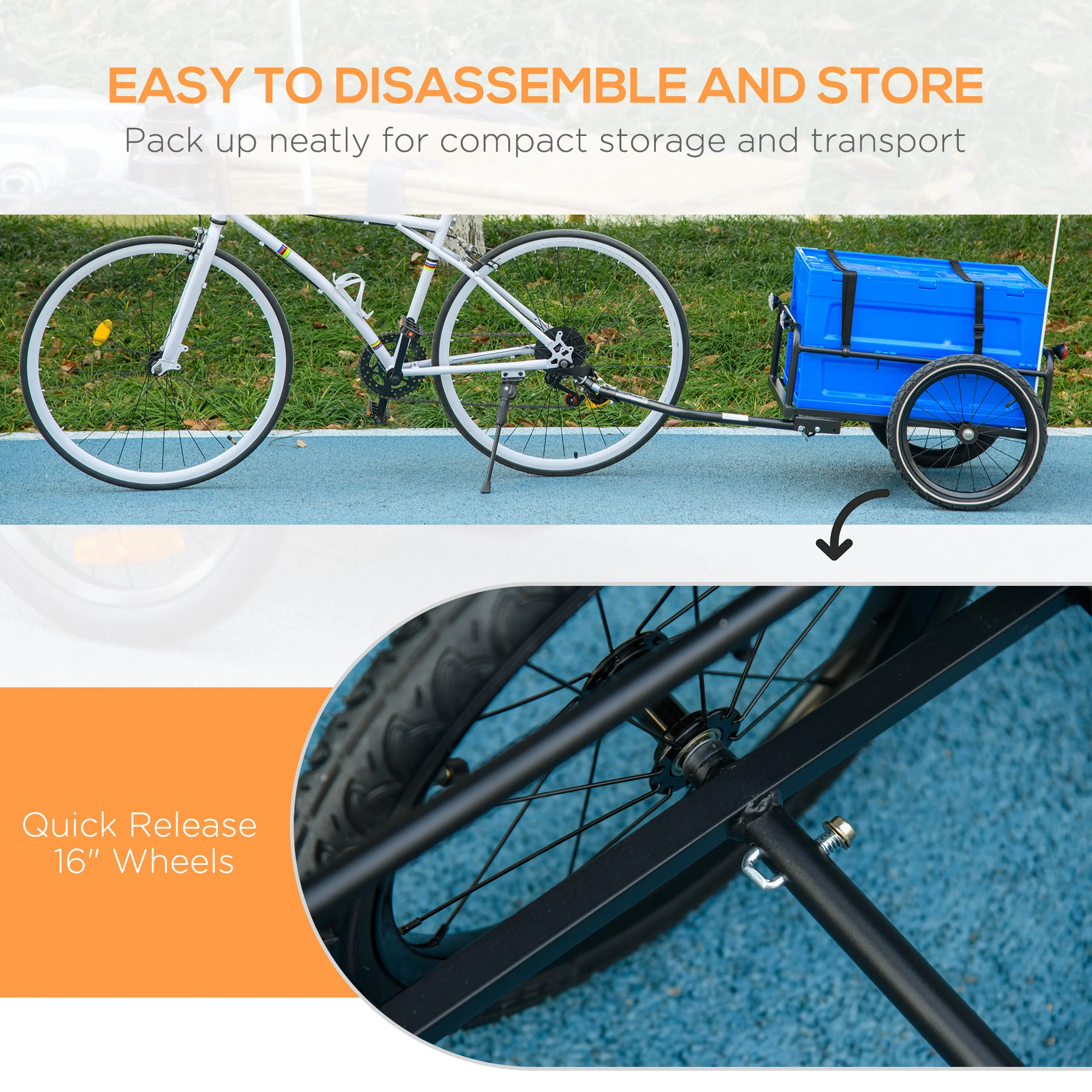 HOMCOM Bicycle Trailer with 65L Foldable Storage Box and Pneumatic Tyres, Blue - Image 6