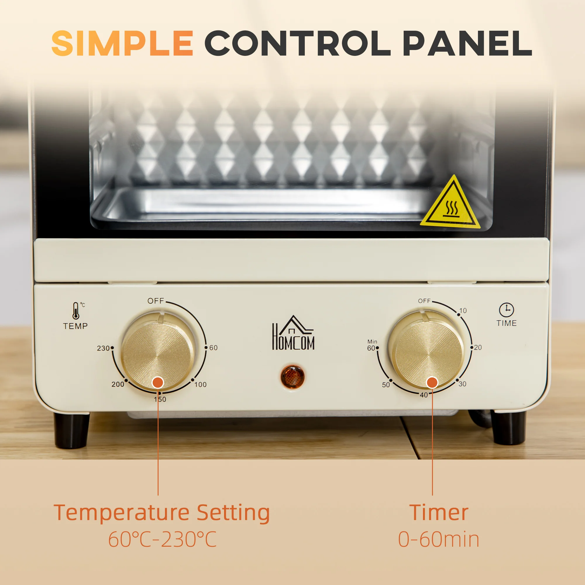 HOMCOM Convection Mini Oven, 15 Litres Electric Oven And Grill With 60-230 Degrees Adjustable Temperature, 60 Minute Timer, Include Baking Tray, Wire Rack And Crumb Tray, 1000W, Cream White - Image 7