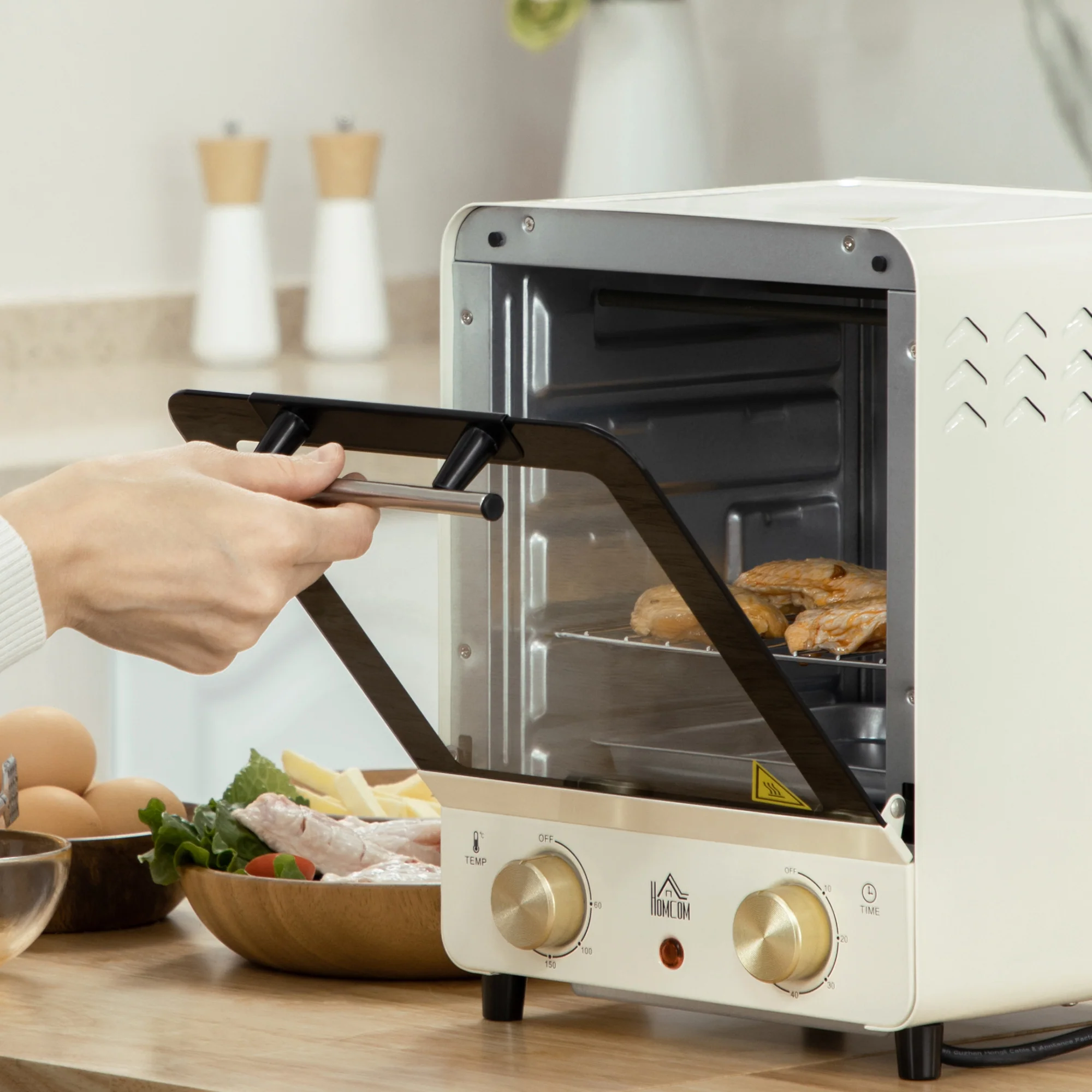 HOMCOM Convection Mini Oven, 15 Litres Electric Oven And Grill With 60-230 Degrees Adjustable Temperature, 60 Minute Timer, Include Baking Tray, Wire Rack And Crumb Tray, 1000W, Cream White - Image 9