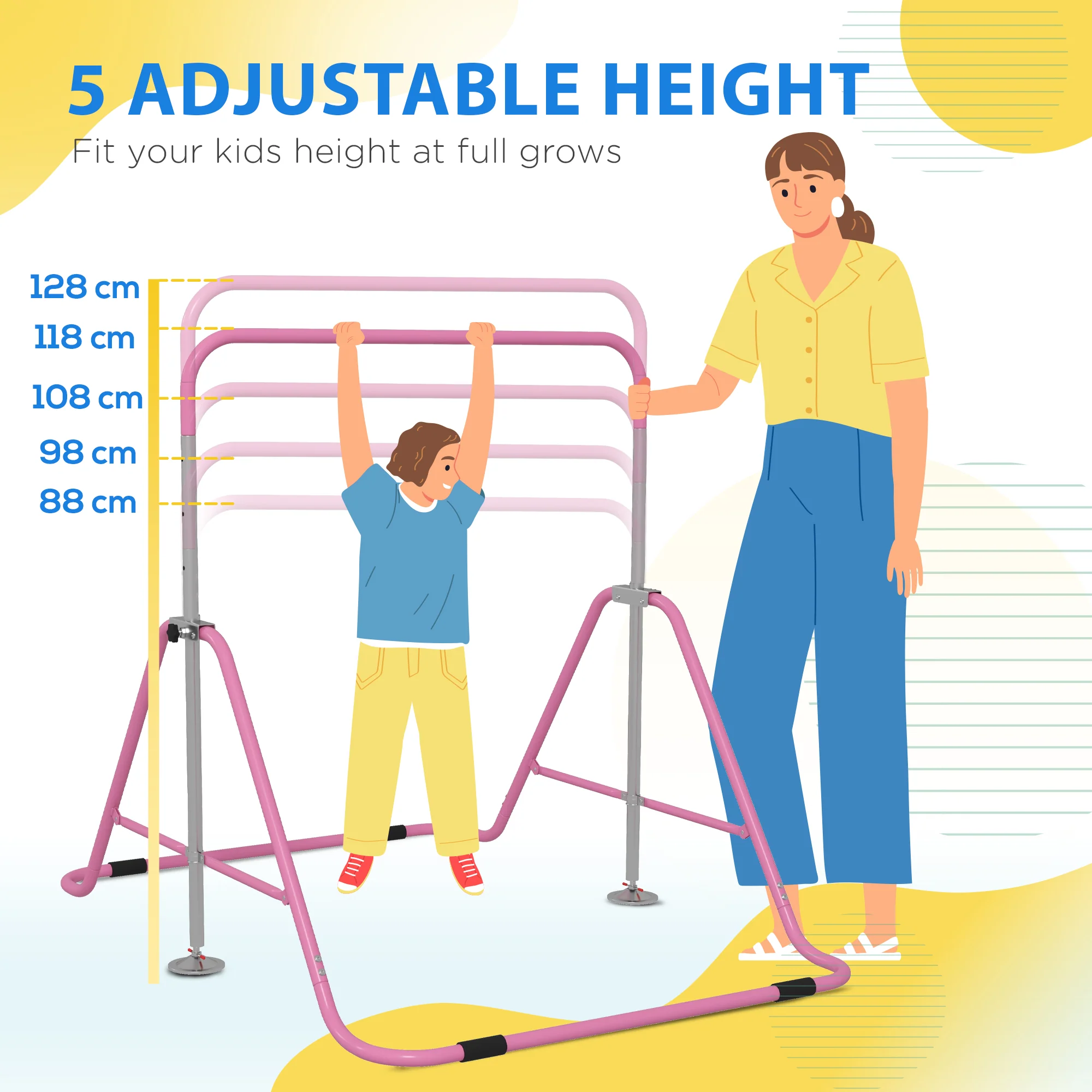 HOMCOM Kids Pink Gymnastic Bar W/ Adjustable Height, Foldable Training Bar - Image 3